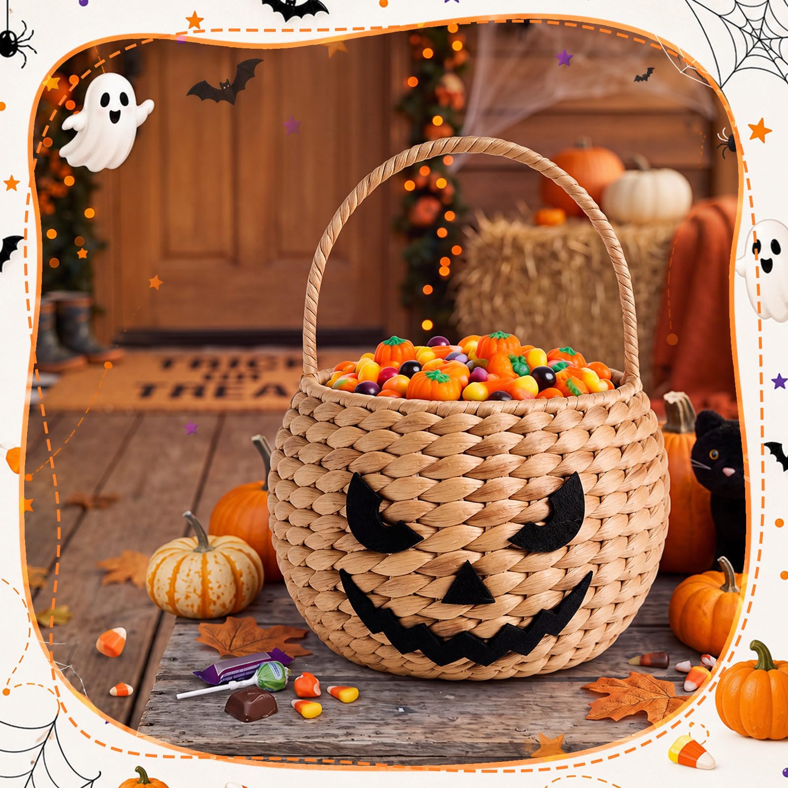 Kathfly Cesta de calabaza de jacinto de agua con asa, 9 x 7 x 5 pulgadas, cesta de almacenamiento de calabaza tejida a mano para dulce o truco, almacenamiento de dulces, fiesta de Halloween