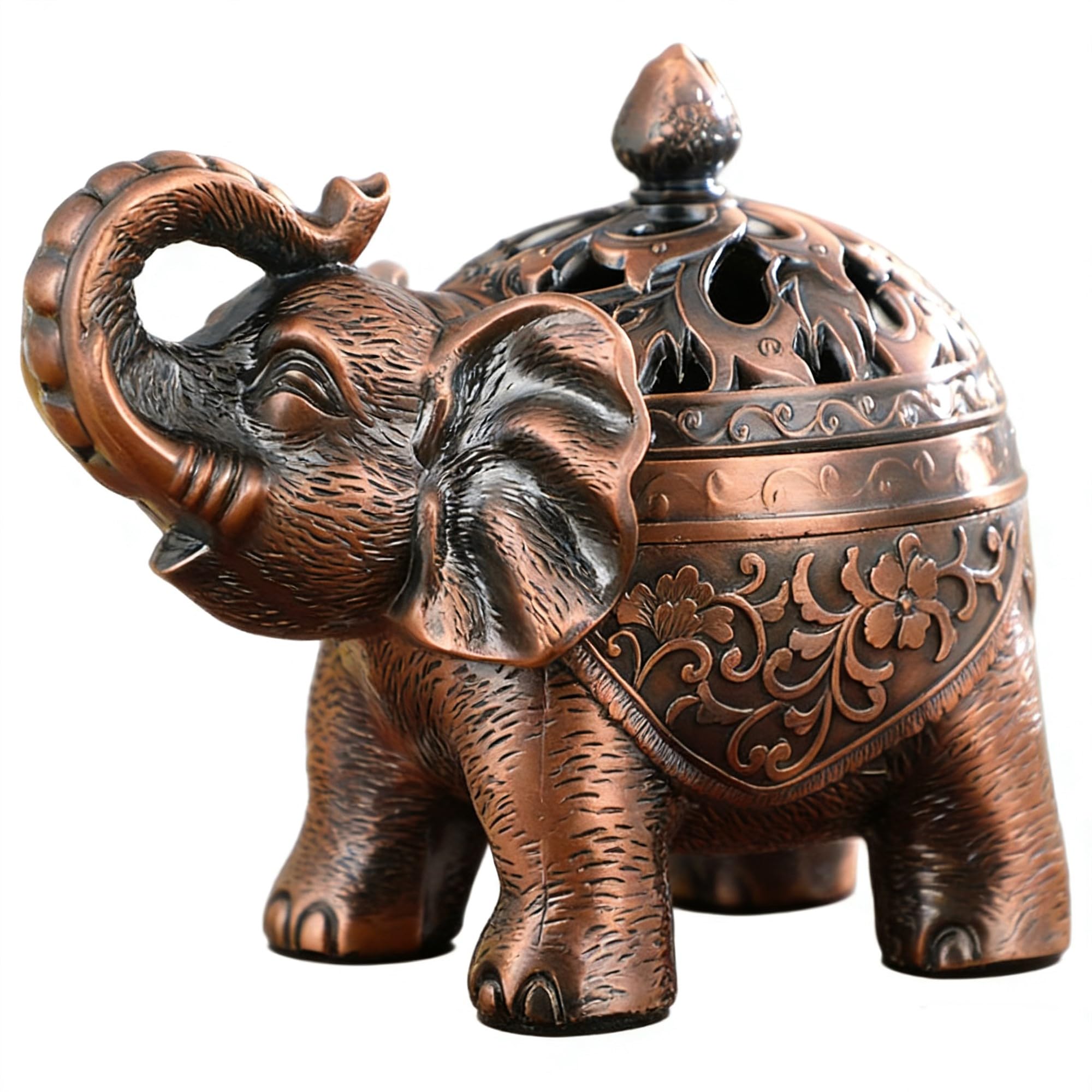 Vintage Incense Burner Elephant Metal Incense Burner Incense Holder with Lid for Home Office Yoga Hotel Decoration Gifts (Retro Red Copper)