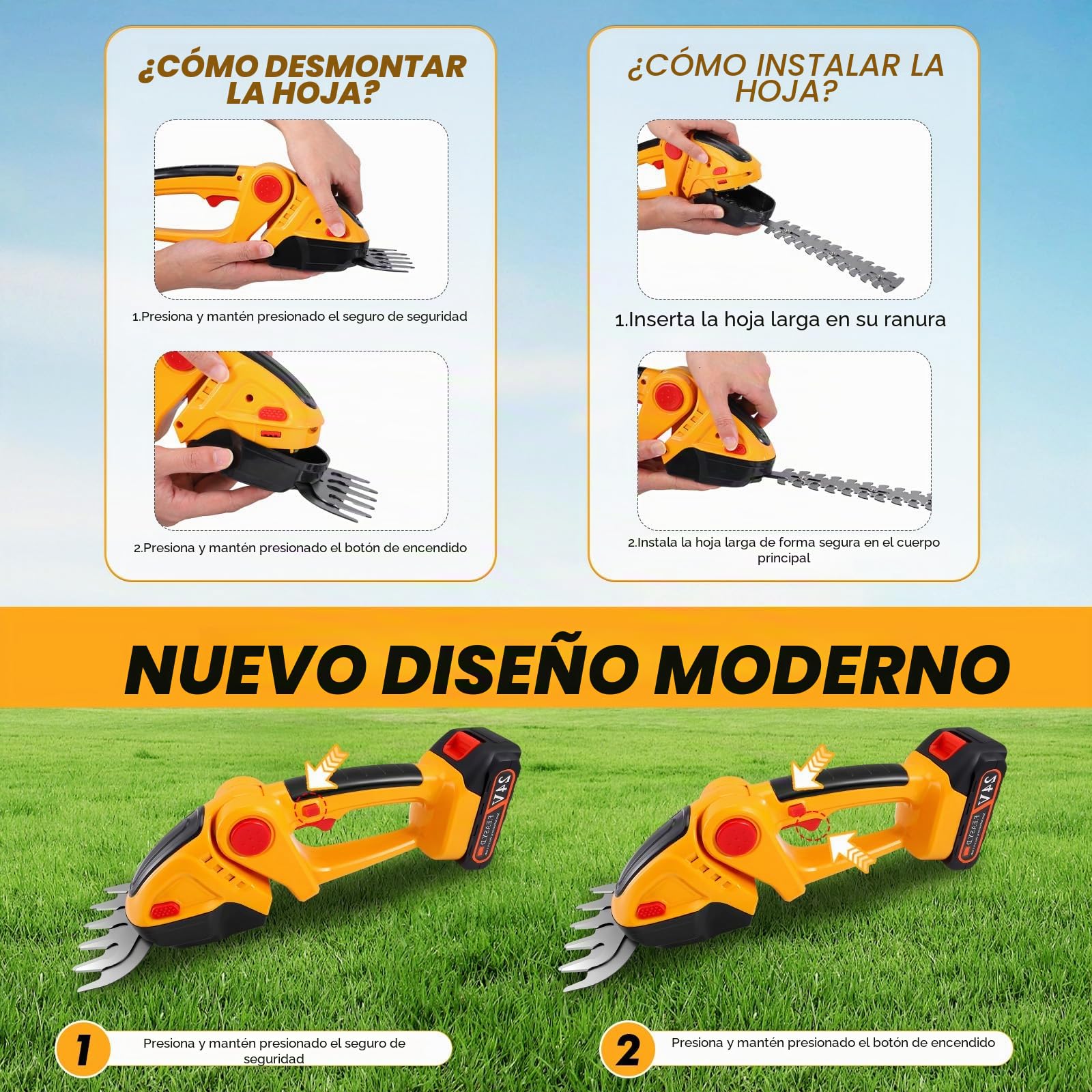 Cortasetos eléctrico 2 en 1 con barra telescópica extensible (2,5 m), 2 cuchillas profesionales, doble batería de 1500 mAh y cargador – Ideal para poda de arbustos, jardines y parterres