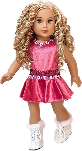 Miniatura 6 de Ice Skating Girl - Conjunto de 4 piezas de patinaje sobre hielo para muñeca de 18 pulgadas, leotardo rosa con falda, suéter de calentamiento blanco