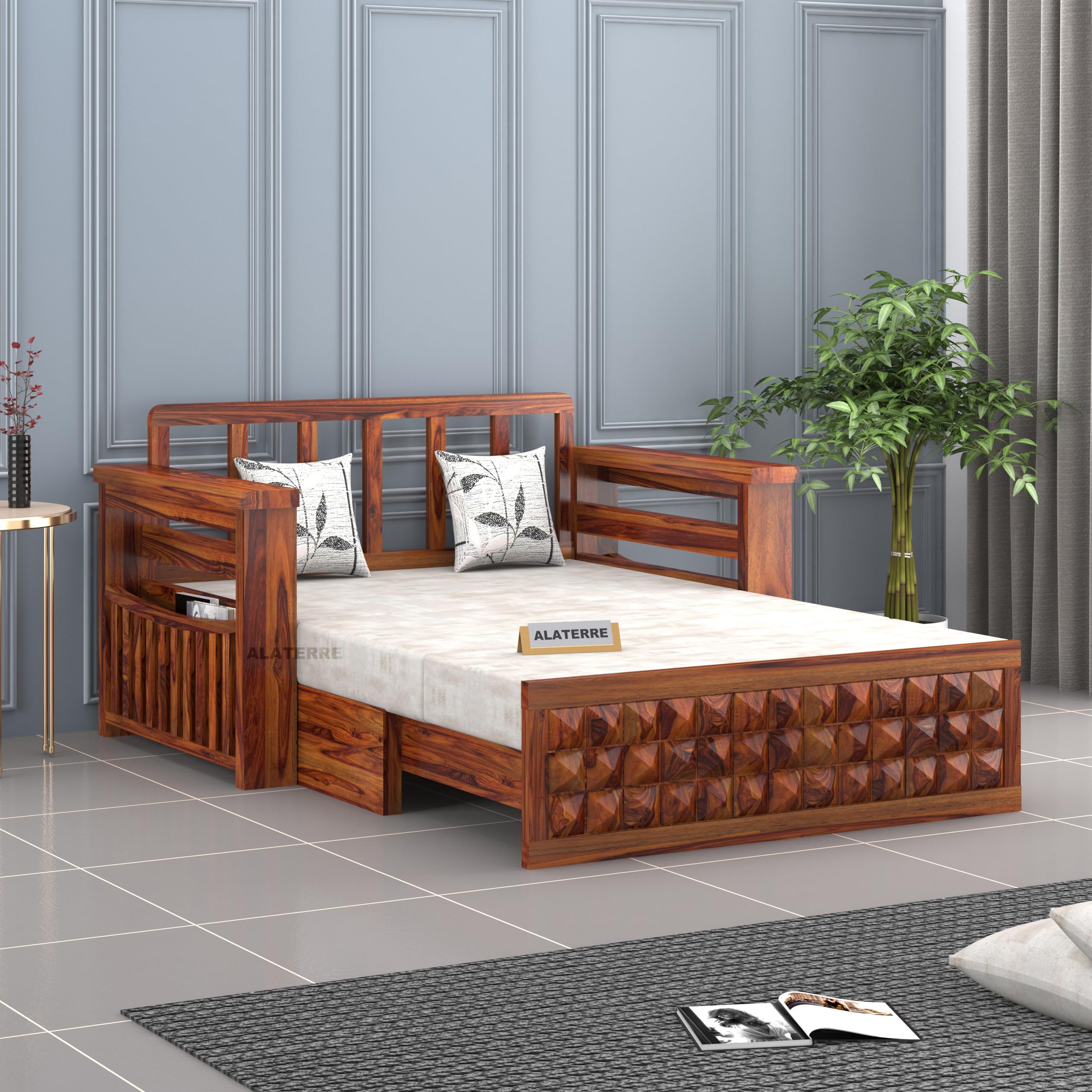 VISHNU ART AND CRAFT Solid Sheesham Wood 2 Seater Diamond Sofa Bed with Storage and Side Pockets Wooden Sofa Bed for Home (Honey Finish, 2 Seater)