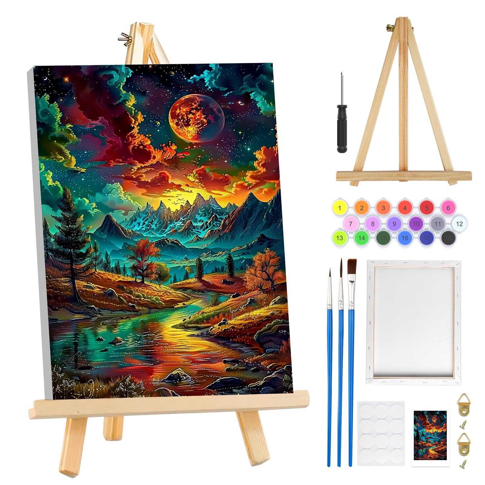 MOGTAA Starry Night Paint by Numbers for Adults with Frame, Mountains Painting by Numbers for Adults with Easel, Easy DIY Landscape Oil Painting Kits Art Crafts for Home Decor, 8x12in
