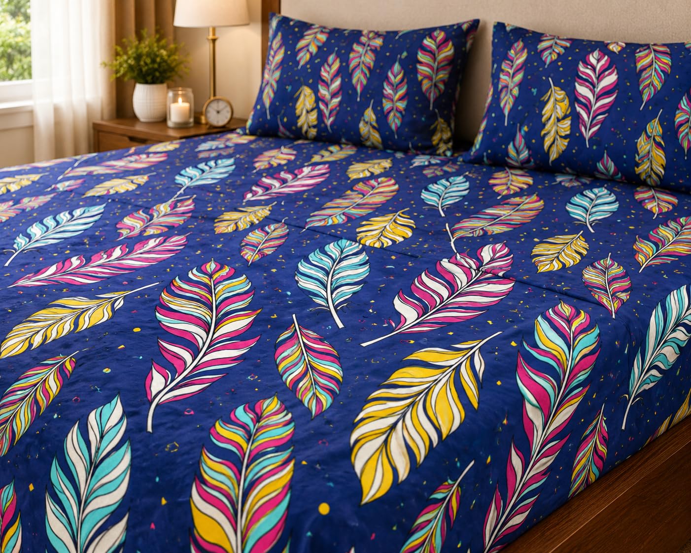 Premium Double Queen Size Bedsheet with 2 Pillow Covers - Vibrant Feather Print, Soft & Breathable Cotton Blend, 90 x 100 Inch (228 x 254 cm)