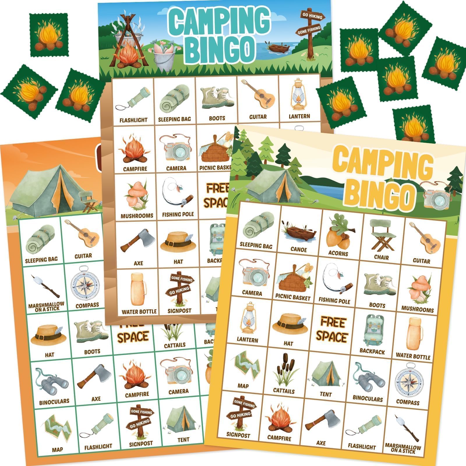 Gioco di bingo da campeggio per bambini, 24 giocatori, all'aperto, ultimo intervento, festa, campeggio, attività di avventura