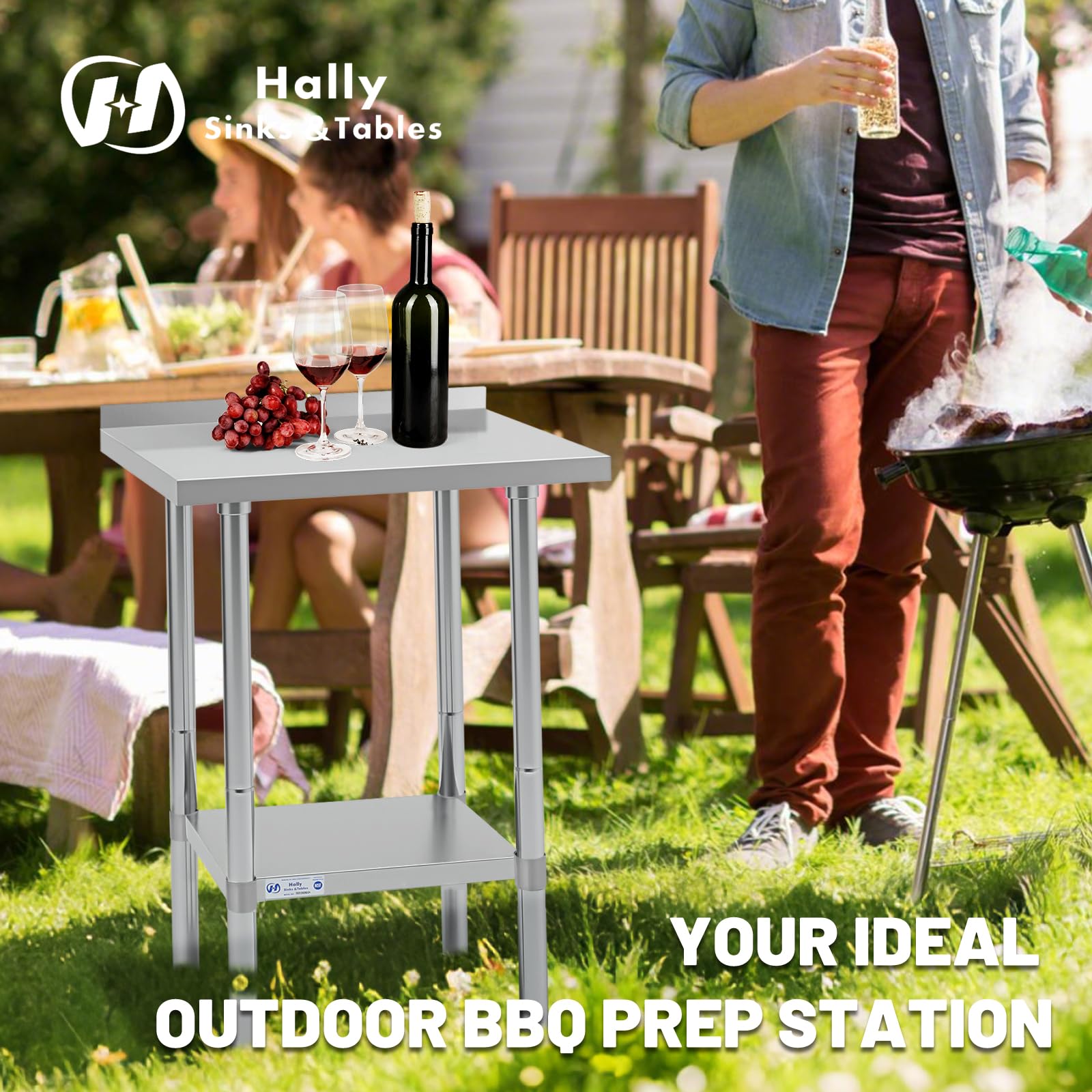 Hally - Mesa de acero inoxidable para preparación y trabajo, 24 x 24 pulgadas, mesa comercial NSF resistente con estante inferior y protector contra salpicaduras para restaurante, hogar y hotel