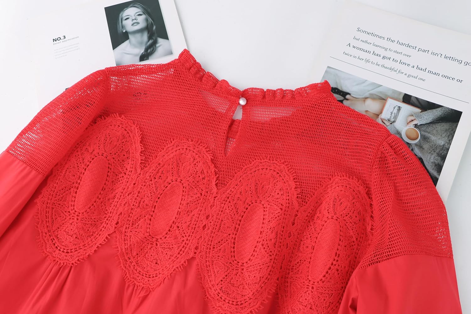 Lace Crochet Mini Babydoll Dress for Women Long Sleeve Ruffle Loose Crew Neck A-line Sheer Mesh Swing Flared Dresses - Image 6