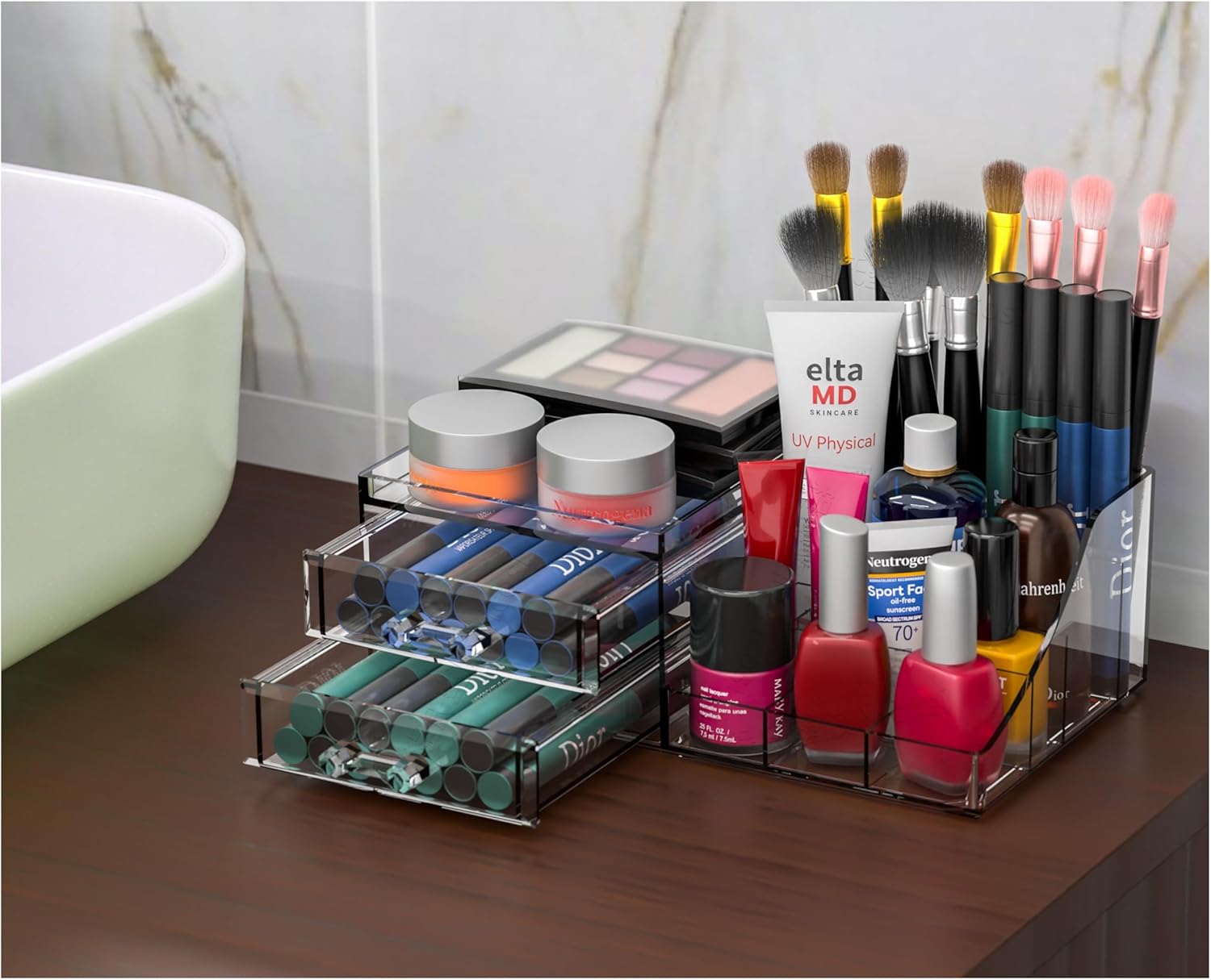 Acrylic Small Makeup Organizer with Drawers,Clear Skincare Organizer for Vanity,Dresser,Bathroom Countertop,Cute Cosmetic Organizer for Lip Gloss,Makeup Brush,Beauty,Skin Care and Cosmetic Storage - Image 4