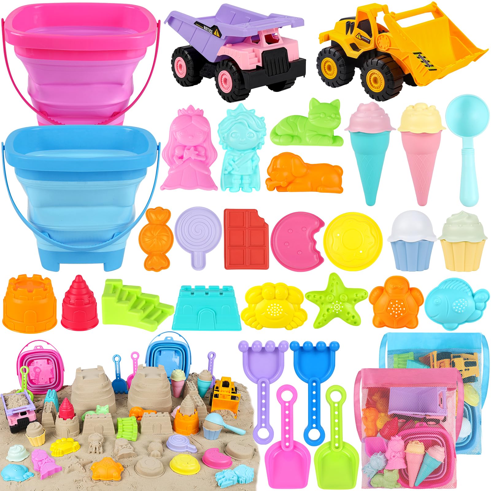 Beach Toys, 36 PCS Sand Toys with Construction Vehicles, Collapsible Bucket, Princess & Prince and Ice Cream Toys, Sand Castle Building Kit, Beach Shovel, Beach Games for Kids, Boys and Girls