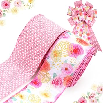 LaRibbons Pink Floral Ribbon Wired 2 Rolls 2.5 Inch x 20 Yards TTL, Rose Flower and Polka Dot Burlap Ribbon for Spring Summer Mothers Day Crafts Gift Wrapping Wreath Bow Decoration