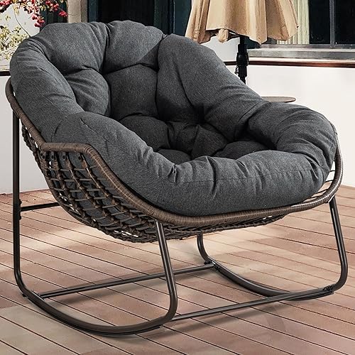 HOMEFUN Mecedoras para patio al aire libre, silla Papasan Rock de gran tamaño para interiores con cojín acolchado, huevo mecedor para porche