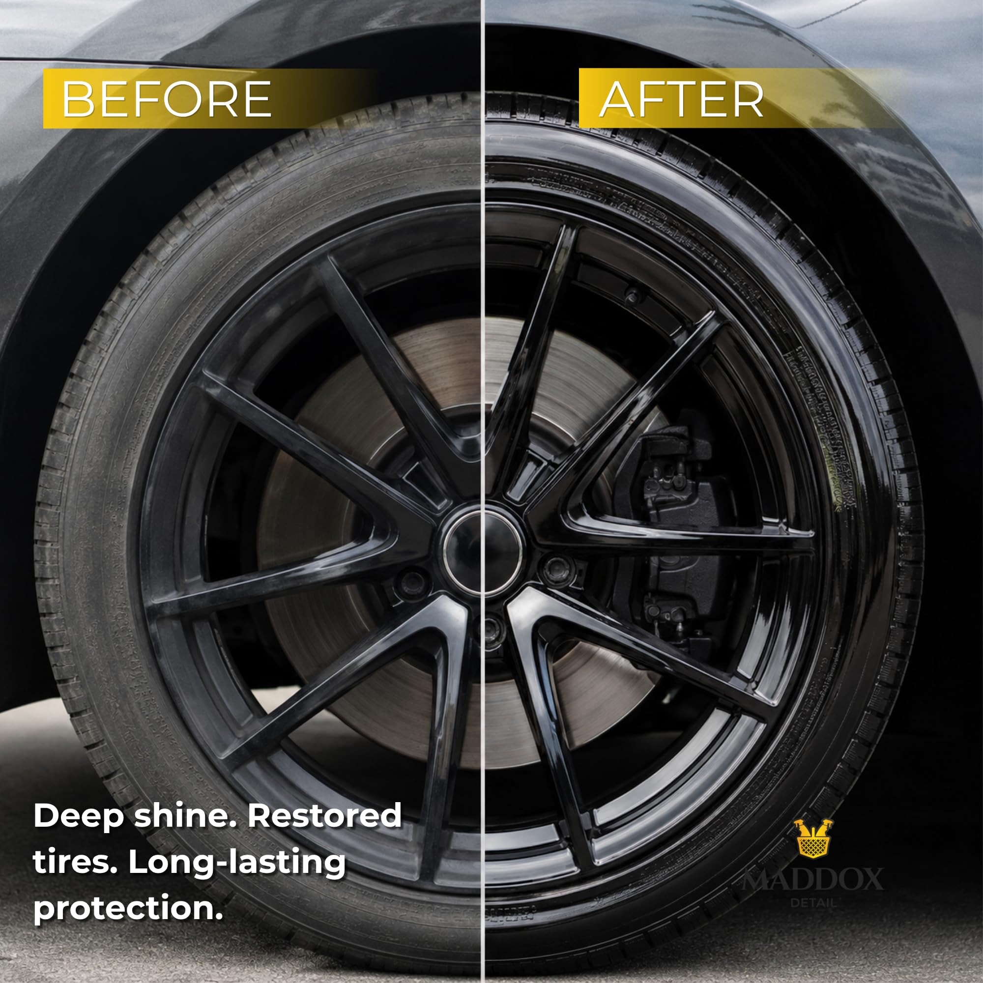 Maddox Detail - Tire Shine Gel 500ml | Idratante per Plastiche Auto | Lucidante per Pneumatici | Idratante per Gomme Auto con Funzione Protettiva e Rinnovatrice | Contro Inquinamento e Raggi Solari
