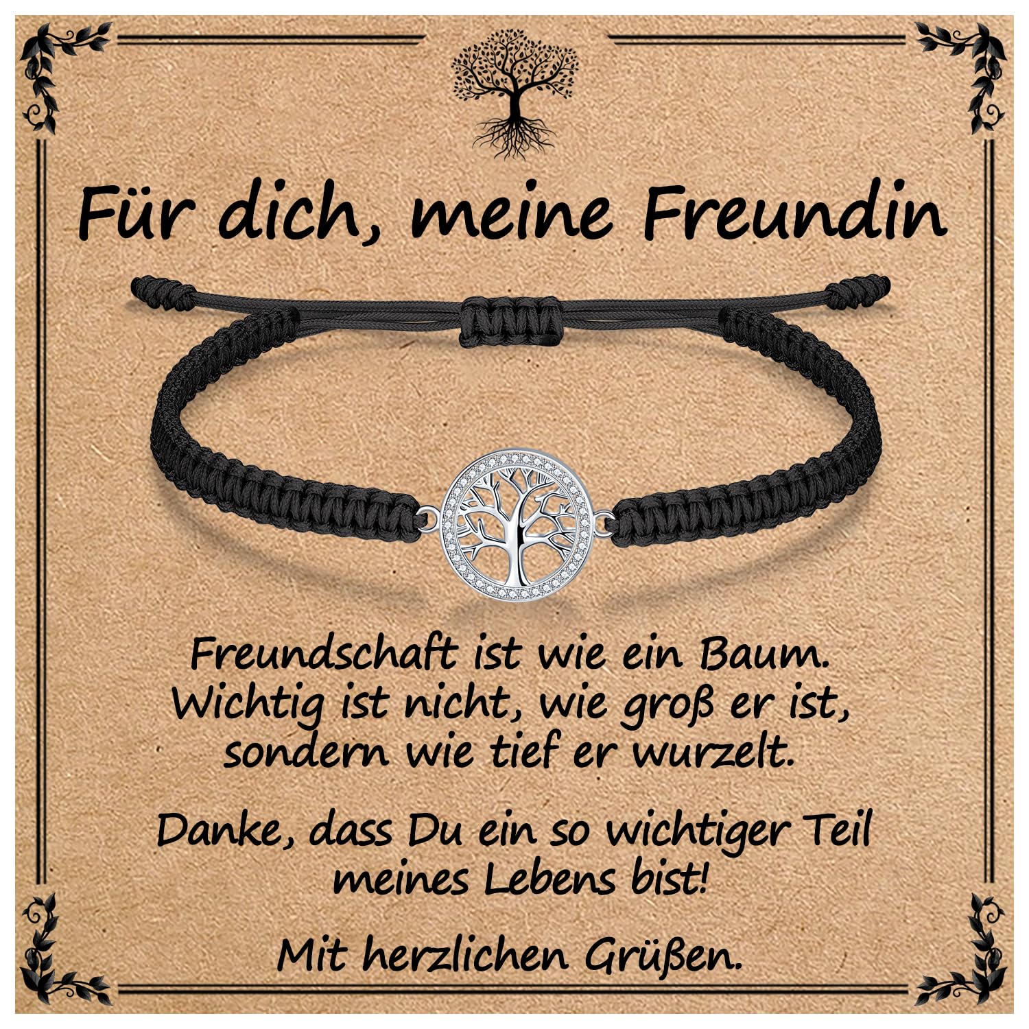 J.Endéar Lebensbaum Armband für Frauen Mädchen Geschenk mit Segenskarte | 925 Sterling Silber, Cubic Zirkonia & Geflochtene Kordel | Geschenk für Geburtstags, Weihnachtstag, Motivations