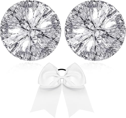 Miniatura 60 de Hanaive 3 pompones de animadora y lazo grande para animadora para el pelo, suministros metálicos para animadora de espíritu de equipo, deportes