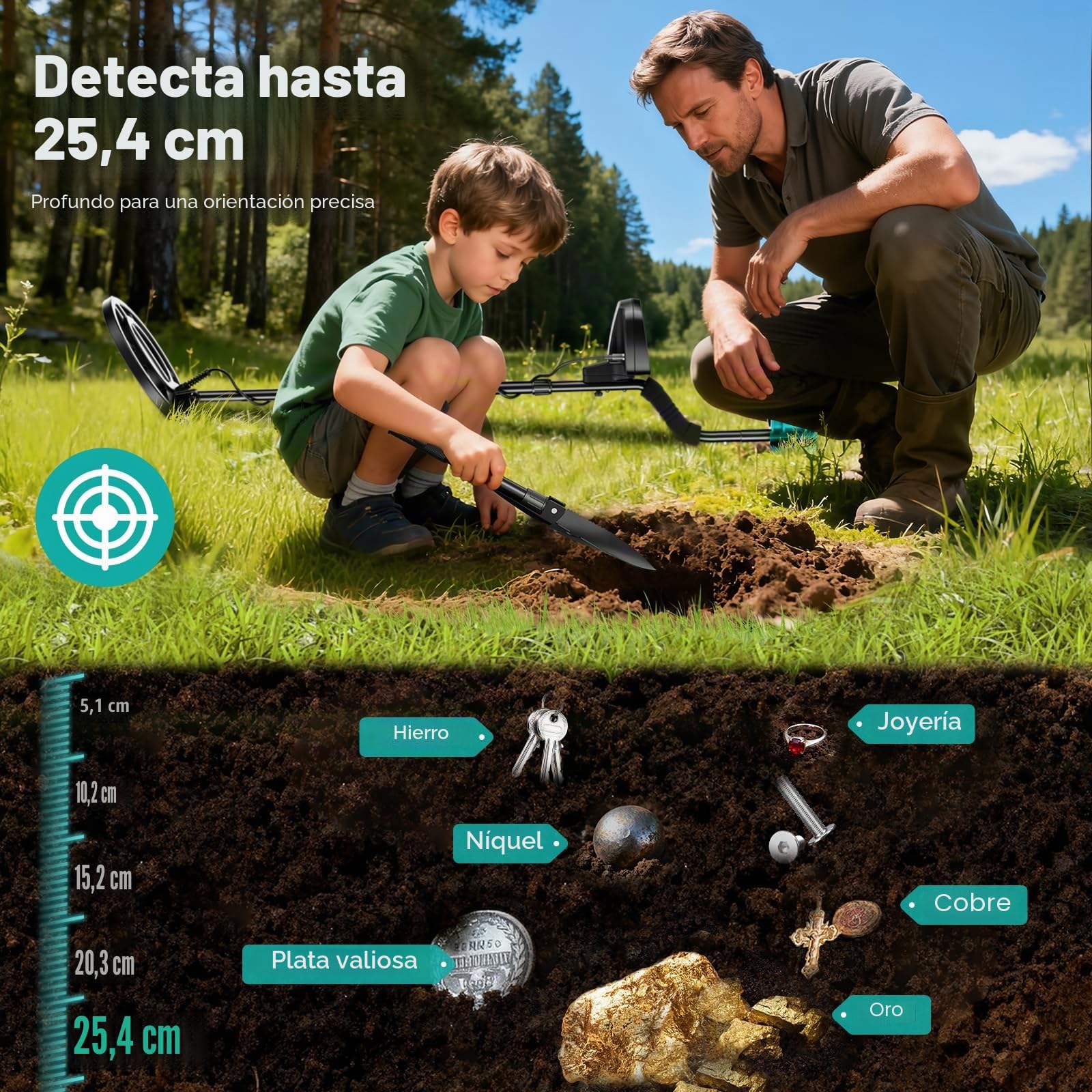 Detector de Metales Profesional, 5 Modos Detector de Oro para Adultos y Niños, Metal Detector Portátil, Pinpoint, Modo de Memoria, IP68 Bobina Impermeable con Pala y Auricular