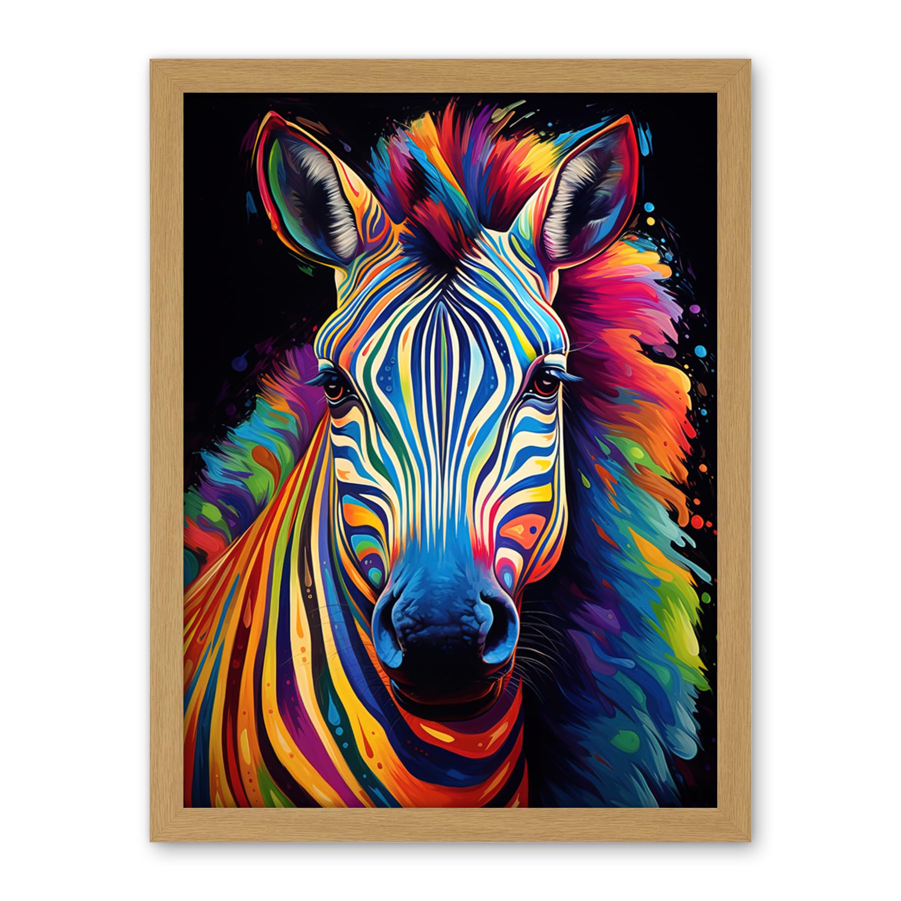 Artery8 Rainbow Striped Zebra Colourful Vibrant Bold Psychedelic Neon Impact Artwork Framed Wall Art Print 18X24 Inch