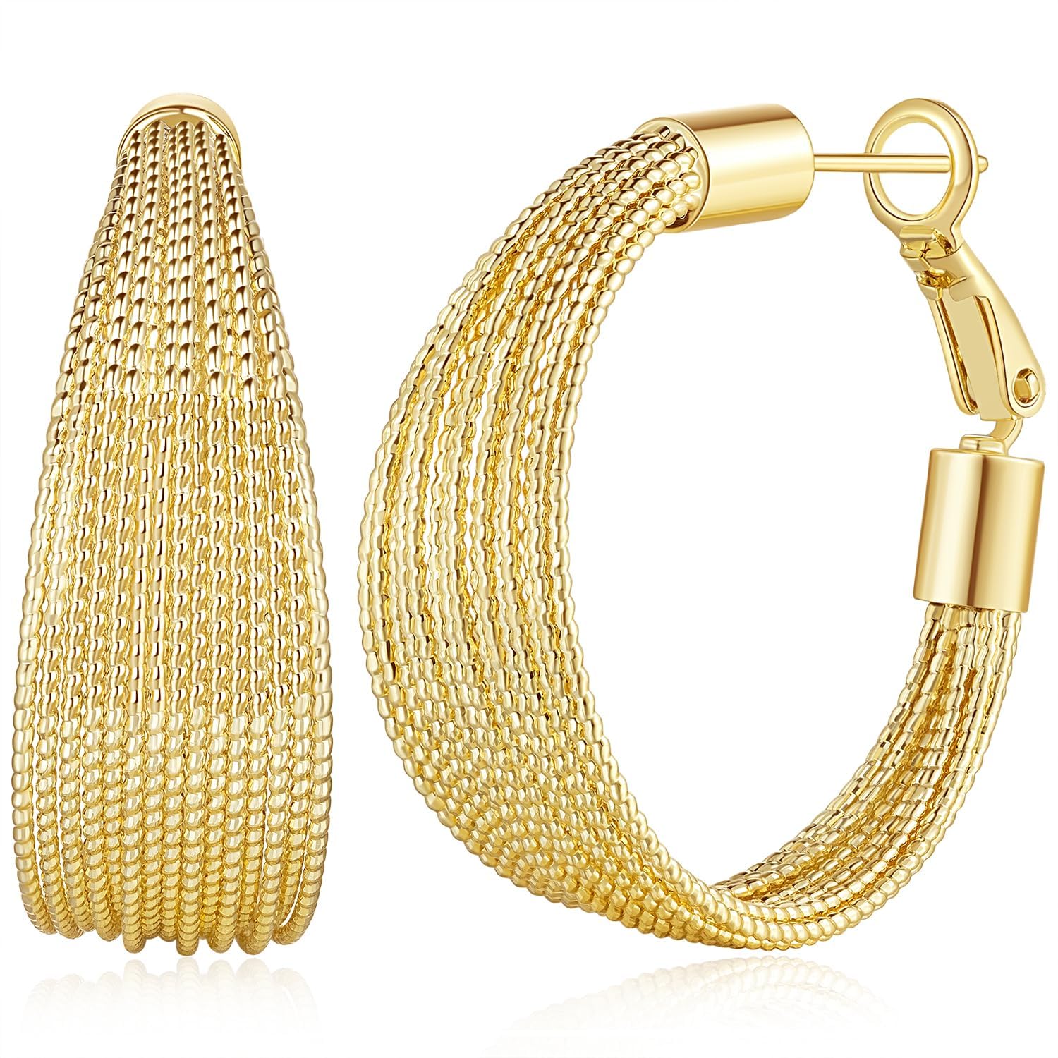 Hoop Earrings 14K Gold Hoops Earrings for Women Tri-Texture Gold Earrings Hoops - Luxurious, Chunky and Thick Gold Hoops 31mm