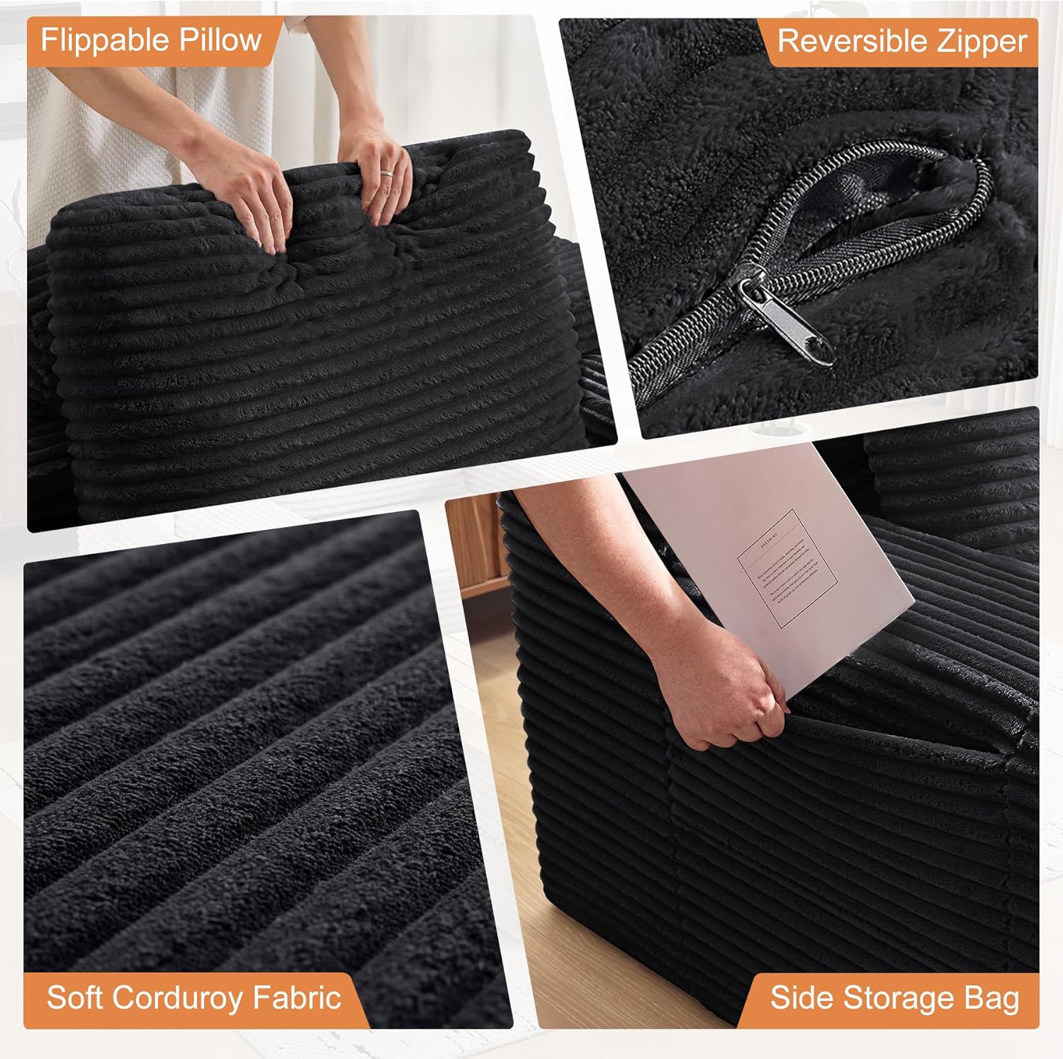 72.8" Convertible Chaise Lounge Sofa Bed, Corduroy Sleeper Boneless Couch with Removable Pillow & Movable Table Tray, Deep Seat No-Assembly Sofa for Living Room, Bedroom, Apartment, Black
