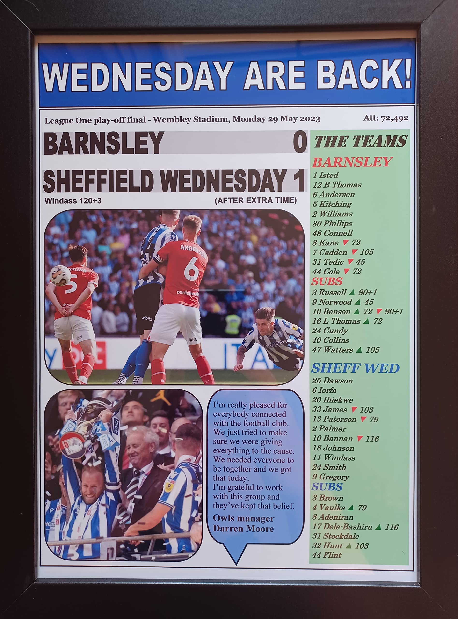 Multicoloured Barnsley 0 Sheffield Wednesday 1-2023 League One Play-Off Final - Framed Print