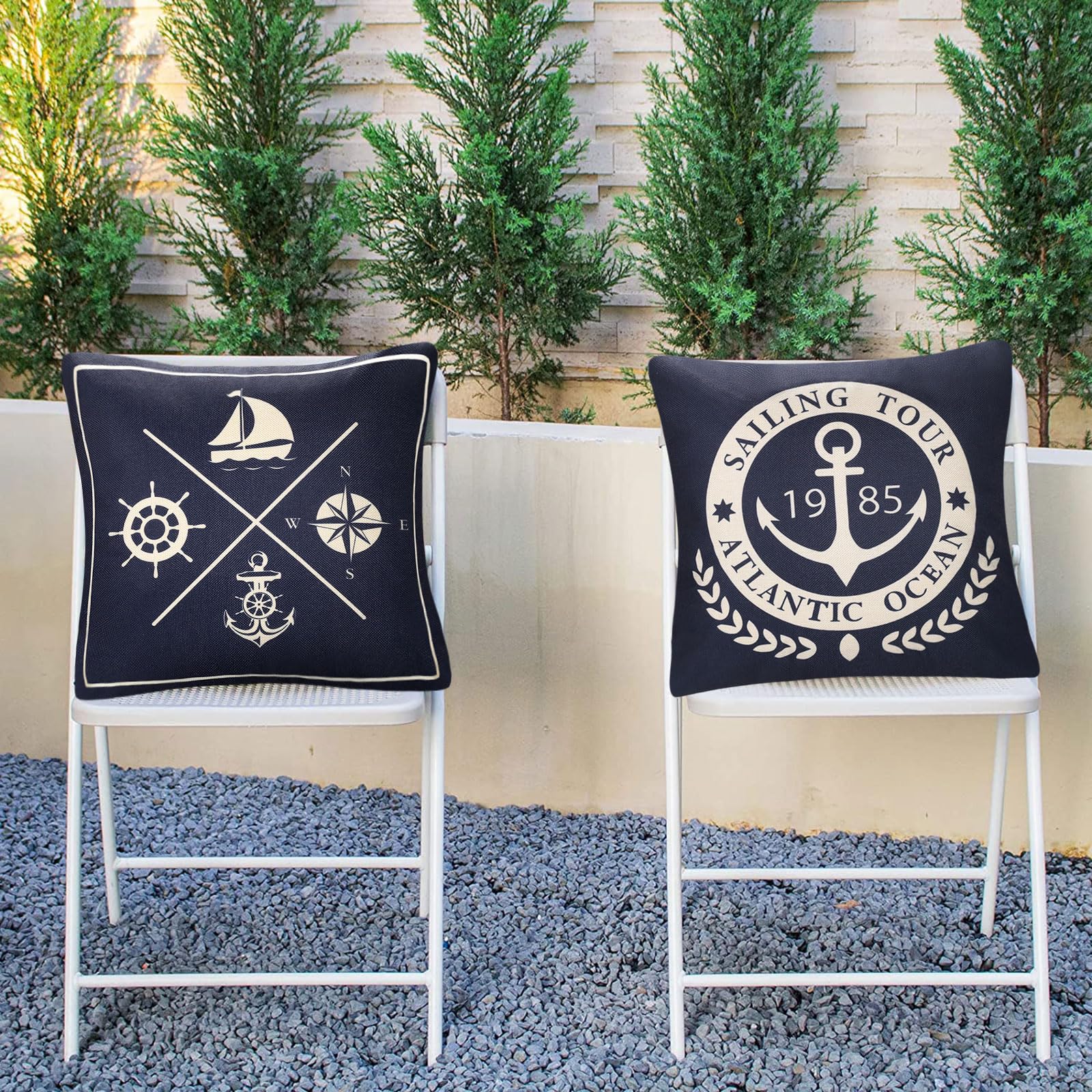 HOSTECCO Set di 4 federe per cuscini impermeabili per esterni, 45,7 x 45,7 cm, motivo: cavalluccio marino, conchiglie costiere, blu corallo marino, decorative, per divano