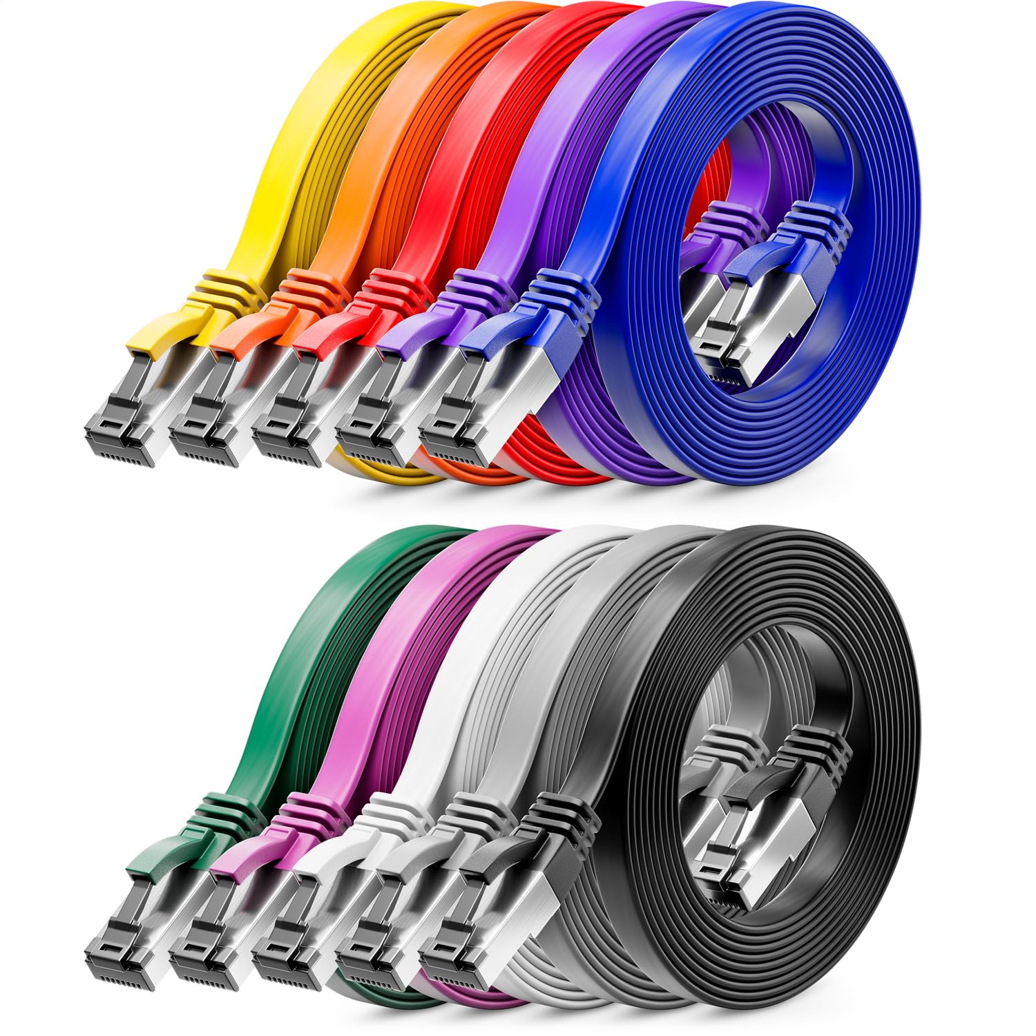 deleyCON 10x 2m CAT 8 Netzwerkkabel Flach (40 Gbit/s, Kupfer) Gigabit Ethernet LAN Cable - Flaches Dünnes Kabel Flachkabel Patchkabel Lang - RJ45 Stecker für CAT8 CAT7 CAT6 - Bunt