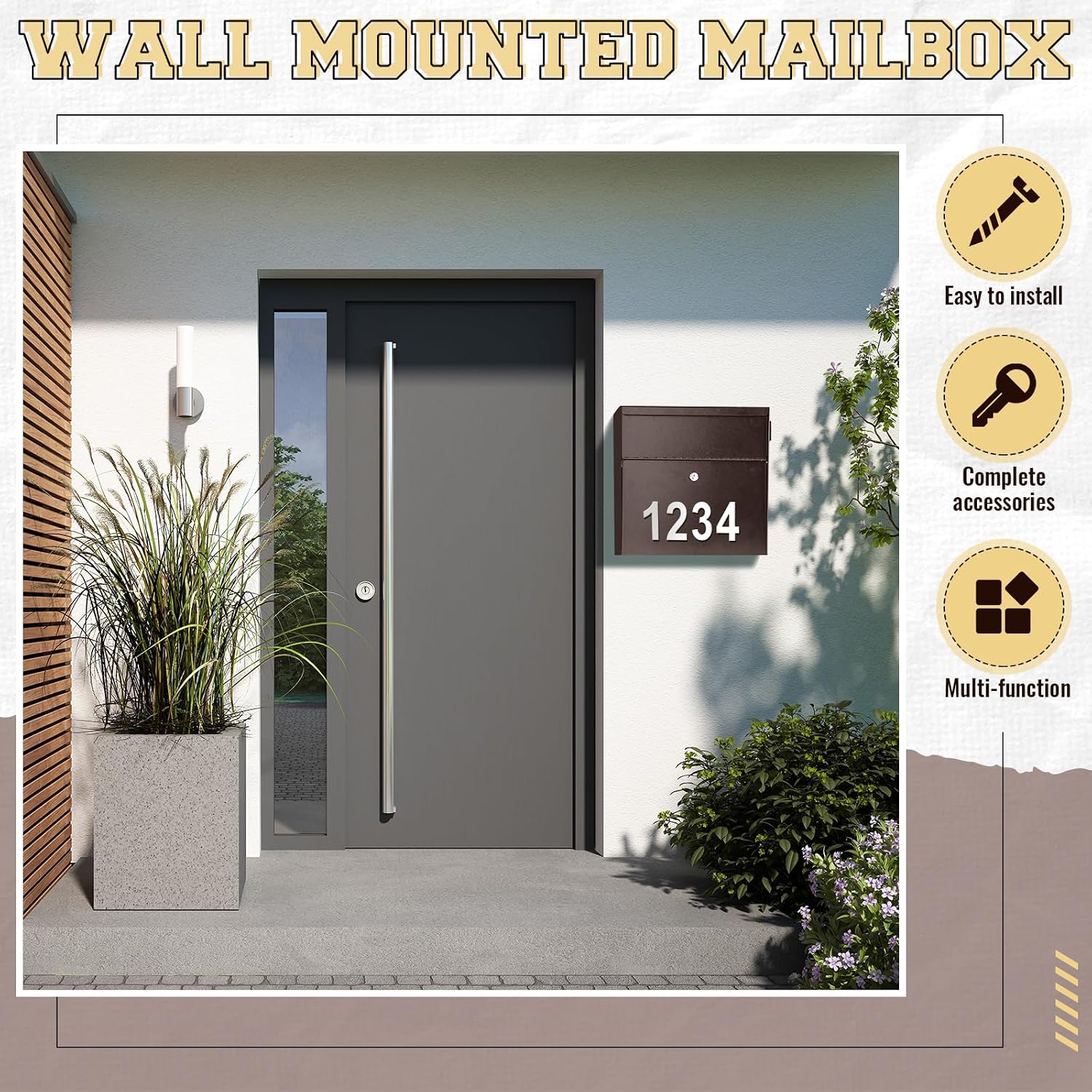 Yaocom Extra Large Wall Mount Mailboxes for Outside 15.35 x 15 x 7 Inches Locking Security Mail Box Galvanized Steel Wall Mailbox Large Capacity Post Box with Key Lock and Reflective Stickers(Brown)