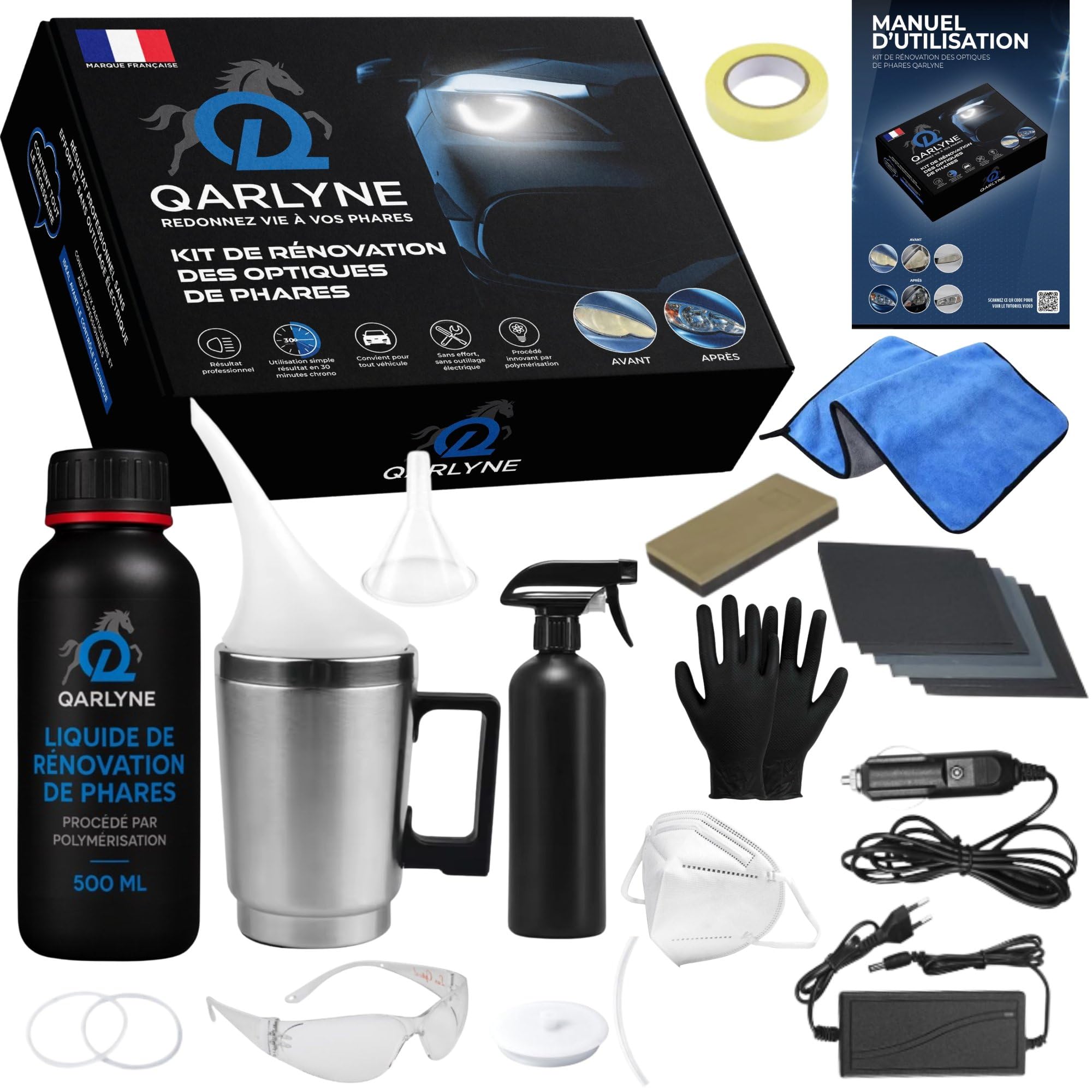 [Marque Francaise] Renovateur Phare Voiture | Premium | Kit Renovation Phare Voiture | Kit Restauration Phare Voiture, Polish, Ponçage Phares Auto Moto | Nettoyant Rénovateur Phare Opaque