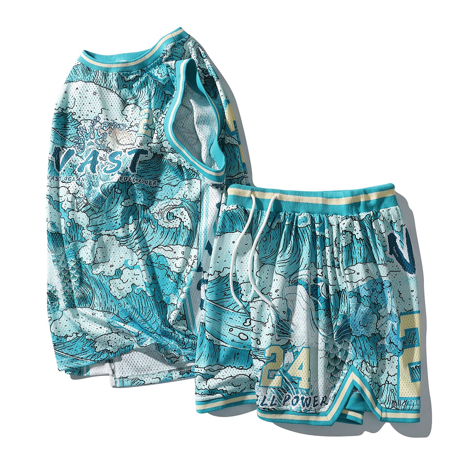Camisetas de Baloncesto Chaleco y Pantalones Cortos 24# Estampado de Olas Uniforme Deportivo Informal para Hombres/Fútbol Callejero Juvenil