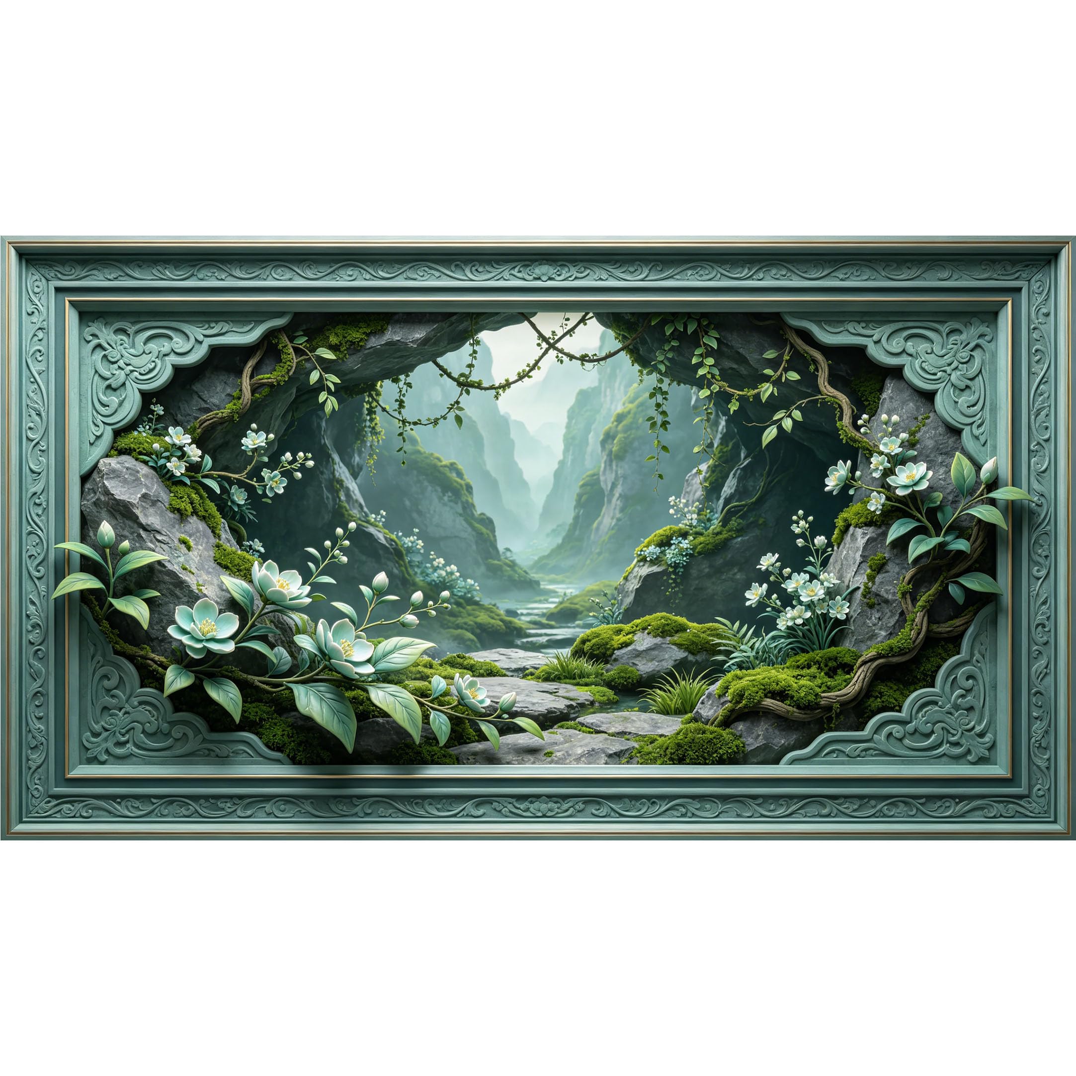 QZLITHOTIC 50×90cm3D Framed Wall Art， Mountain Landscape Botanical SelfAdhesive Mural， WaterActivated Peel & Stick Fabric Decor Wall Decal for Bedroom Living Room