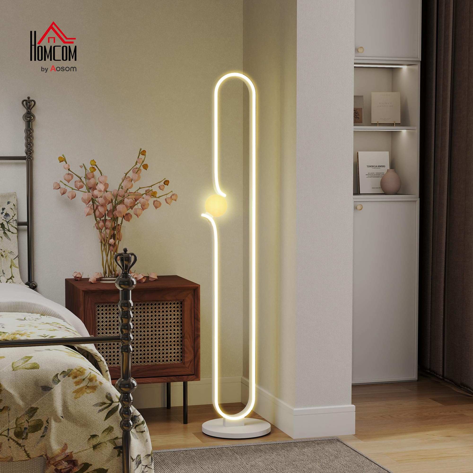 HOMCOM Lampada da Terra a LED forma Nota Musicale con Luminosità Regolabile e Interruttore a Pedale, Lampada da Pavimento in Metallo, Plastica, Vetro, 28x28x145 cm, Bianco