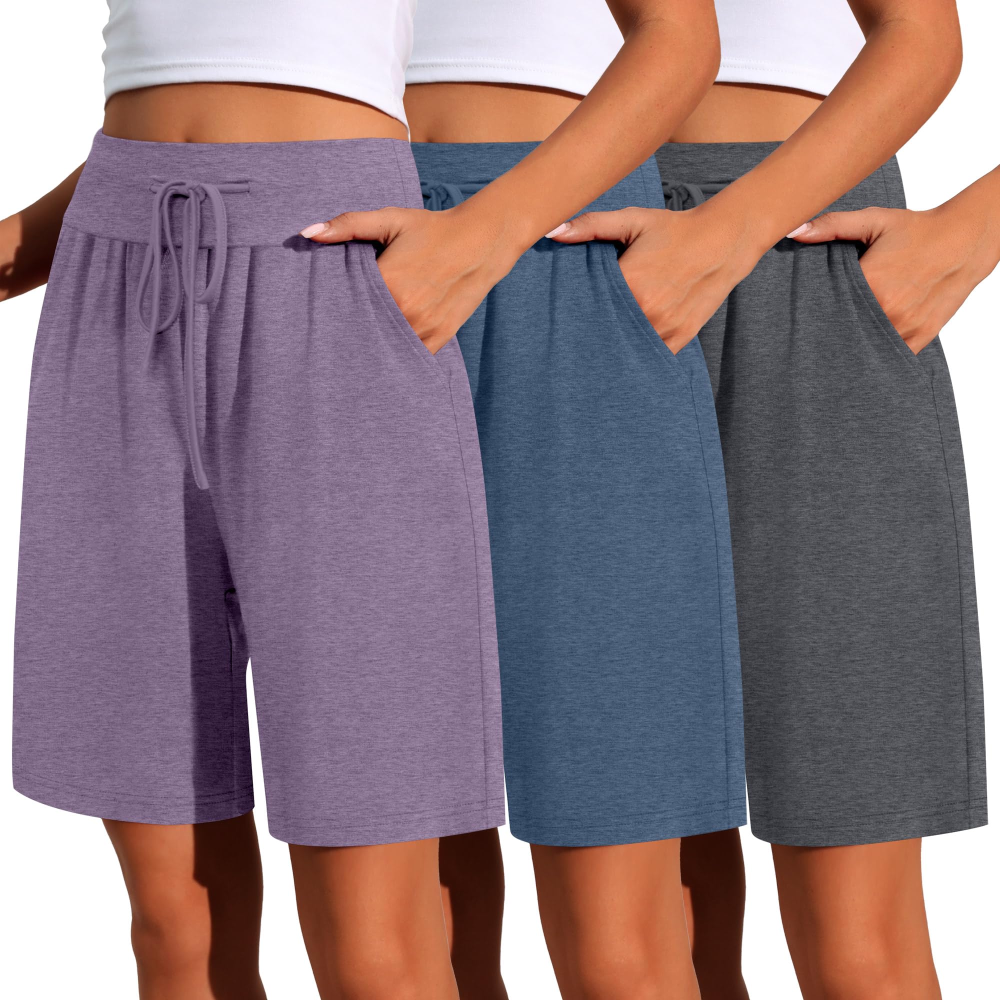 Neer Confezione da 3 Bermuda da Donna a Gamba Larga, Vita Alta, con Coulisse, Pantaloncini Sportivi con Tasca