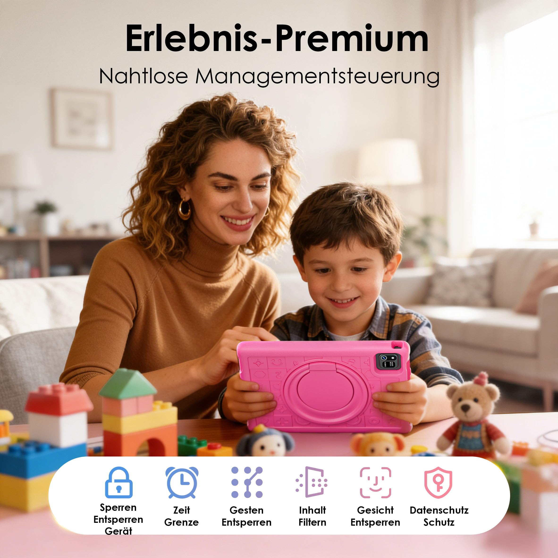 ZENTALITY Kinder Tablet 10 Zoll Android 15 mit 30GB RAM + 64GB ROM(2TB), 5G WLAN 6, Widevine L1, Elterliche Kontrolle, 8-Core, 8000 mAh, Kids Tablet mit Kinder Hülle Eva + 360° Drehbarer Ständer, Rot