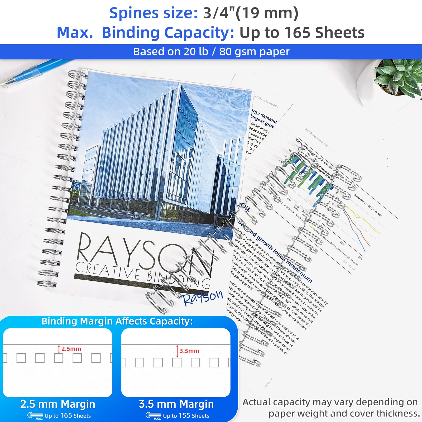 RAYSON Lot de 50 reliures métalliques à double boucle, 1,9 cm, 21 trous, pas 2:1, capacité de reliure 30 à 130 feuilles, format lettre, argent