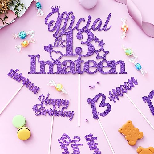 Miniatura 3 de Decoraciones de pastel con purpurina del número 13  Decoración oficial de 13 I'm a Teen con 24 adornos para cupcakes morados para adolescentes,