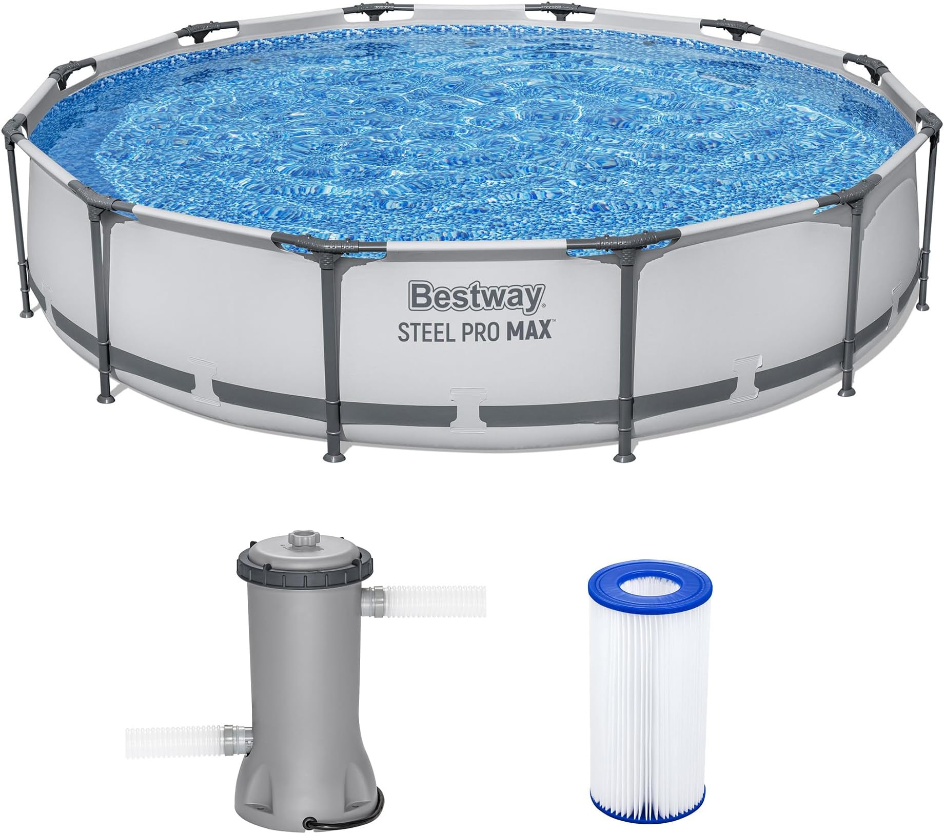 Bestway Steel Pro MAX 12' x 30" Above Ground Pool, Round Metal Frame Outdoor Swimming Pool Set with Filter Pump & Type III A/C Cartridge, Gray