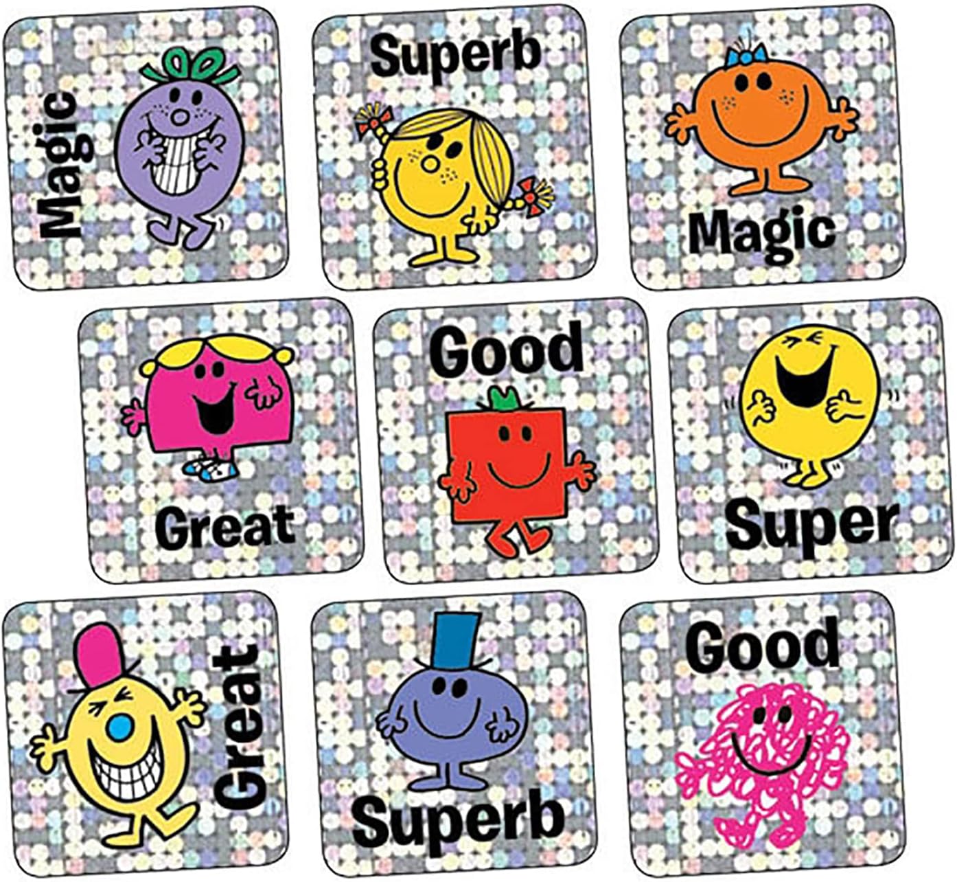 700 Holographic Sparkly Mr Men & Little Miss Square School Praise Teachers Reward Stickers 16mm Primary Teaching Services