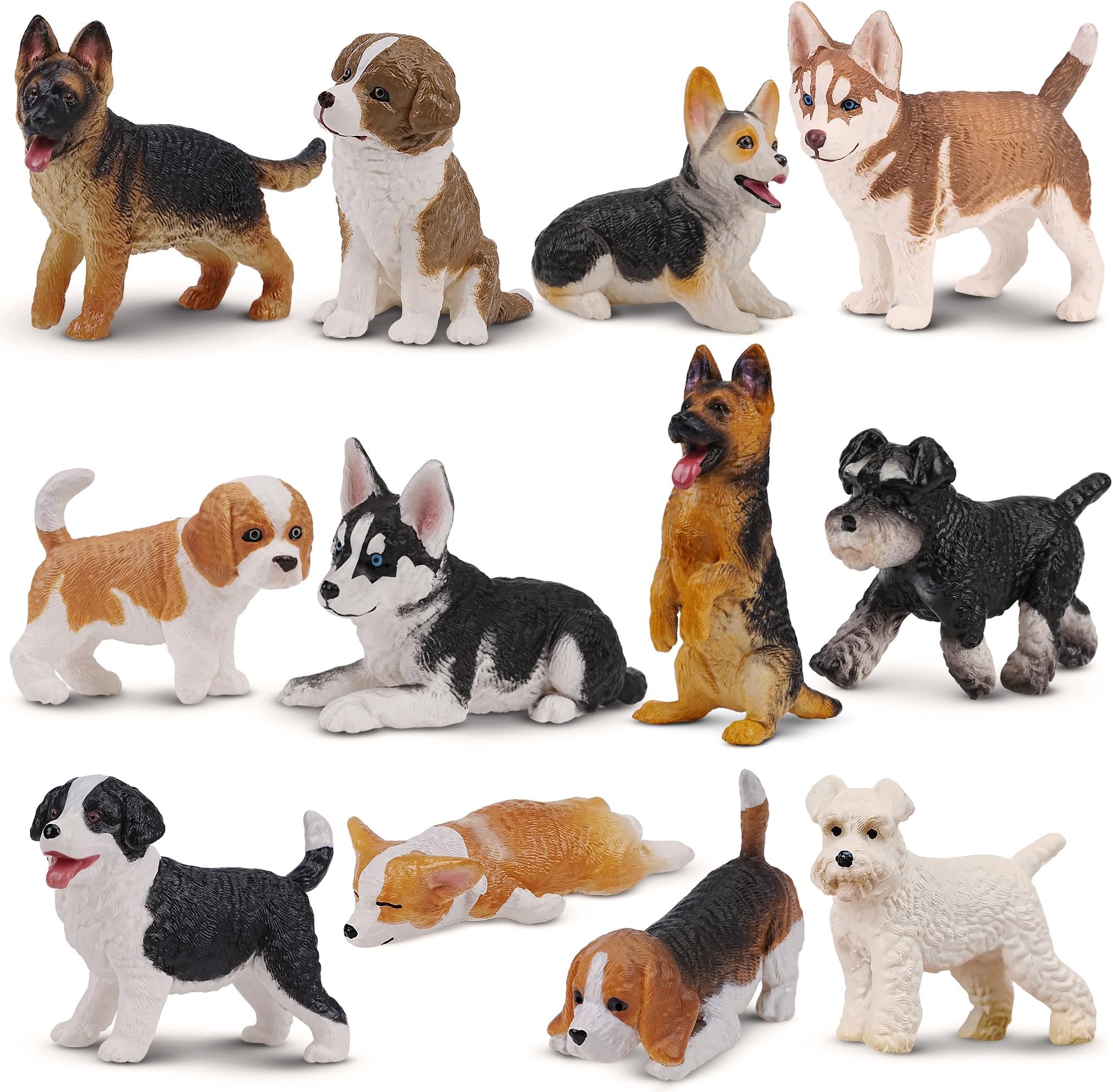 12PCS Dog Figurines Playset, Realistic Plastic Puppy Figurines, Hand Painted Mini Dog Figures Toy Set Cake Toppers Birthday Gift for Kids Toddlers