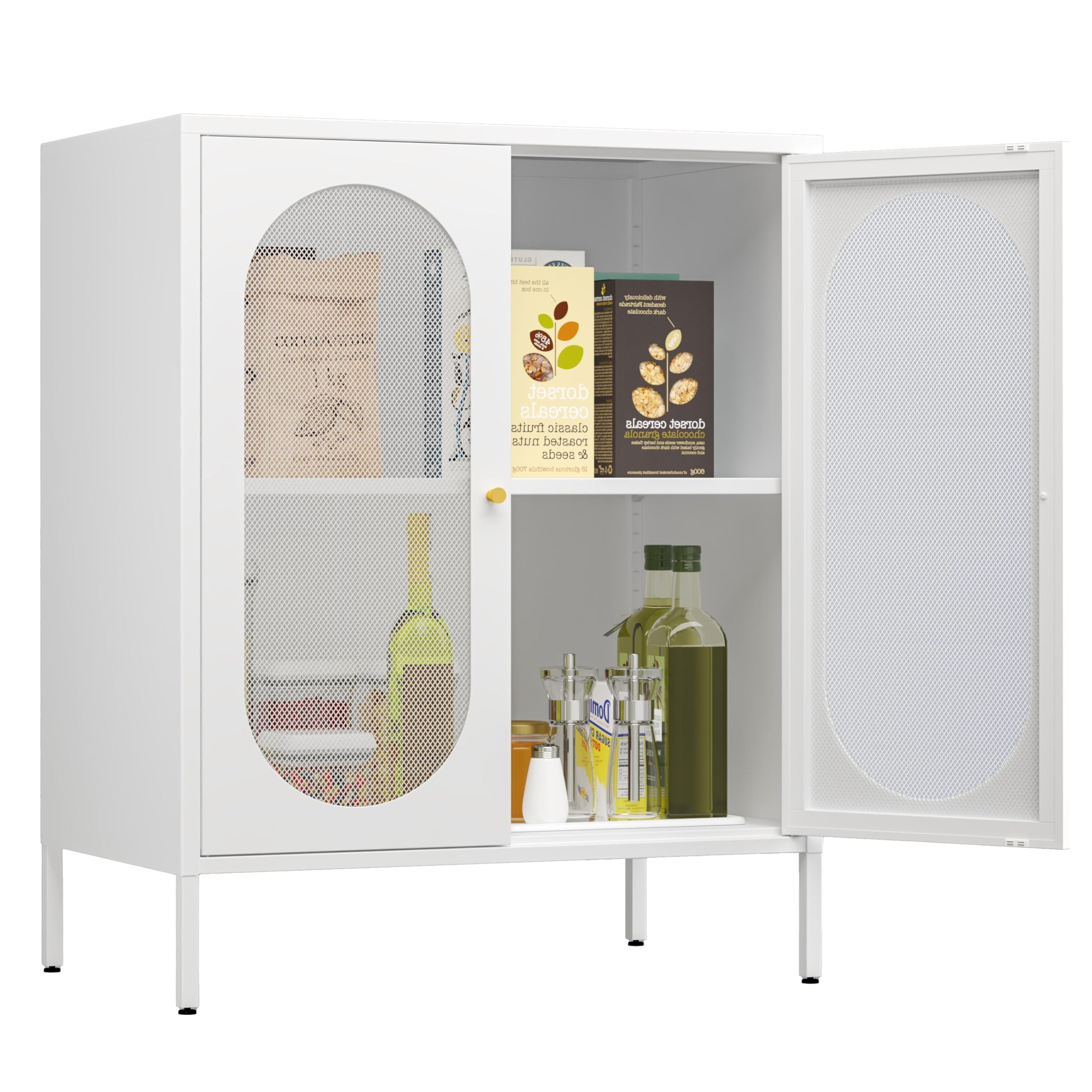 2 Door Accent Cabinet,Metal Storage Cabinet with Adjustable Shelf,Buffet Sideboard for Bed Room,Living Room,Entryway,Hallway,Home,Hotel,Office,Garage,Kitchen,1 Removable Shelf. (Mesh Door, White)
