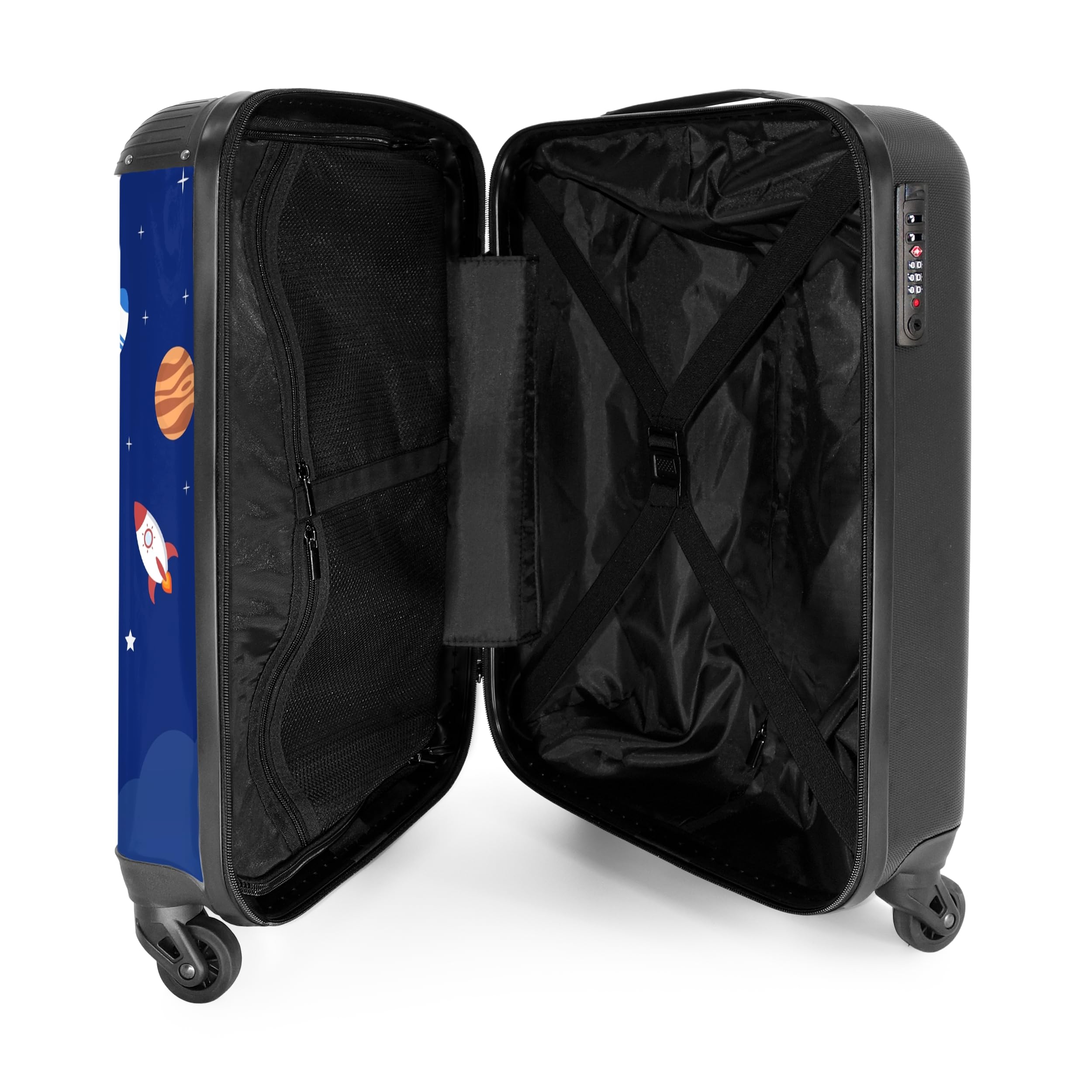 NoBoringSuitcases.com Kinderkoffer, Reisekoffer Personalisiert, Kinderkoffer Jung, Kindertrolley, Handgepäck 55x40x20 cm (Astronaut - Dunkelblau)