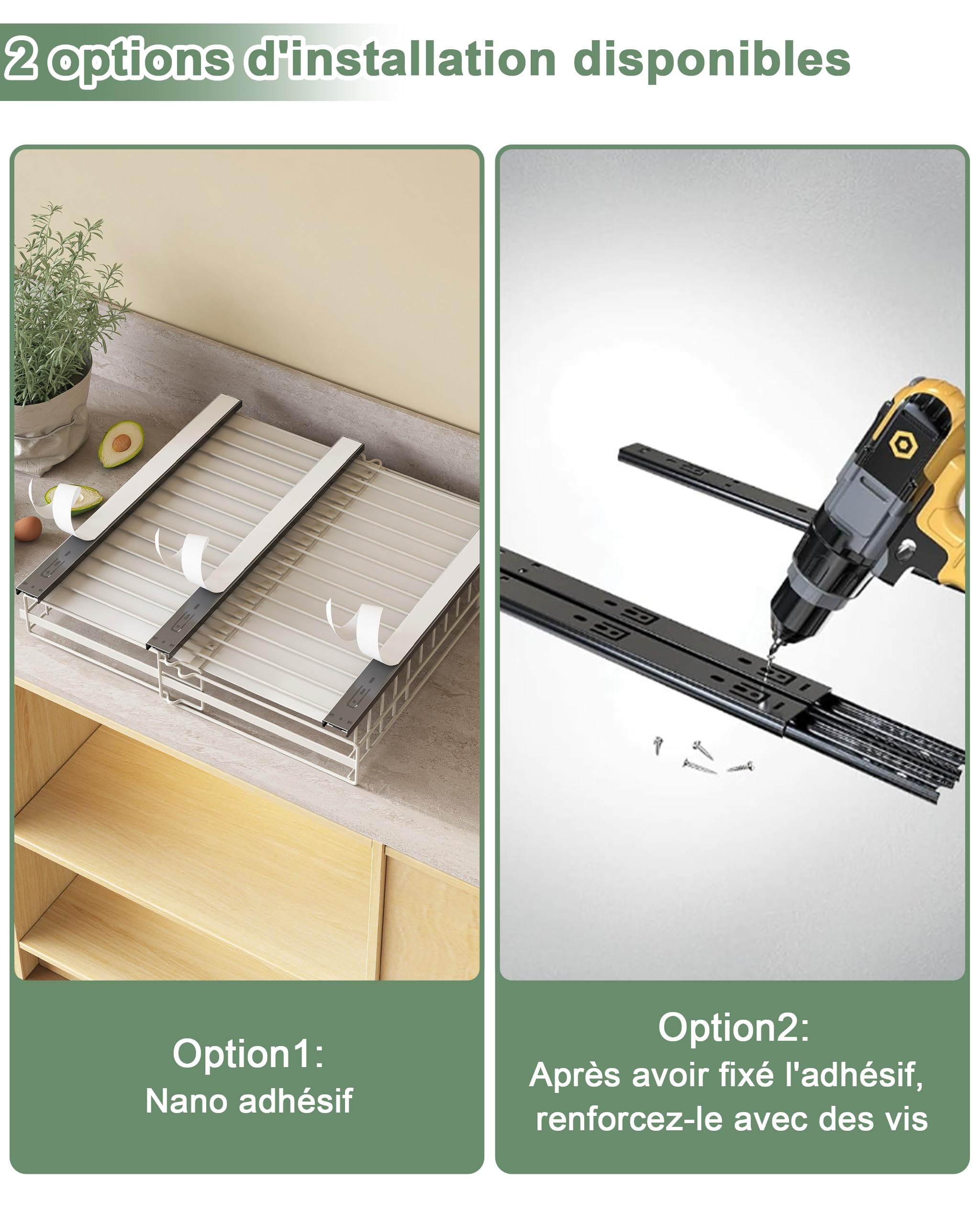 UMDONX Lot de 2 organiseurs de tiroirs télescopiques extensibles avec colle pour armoires de cuisine, tiroirs de cuisine, organiseurs à tirer (blanc)