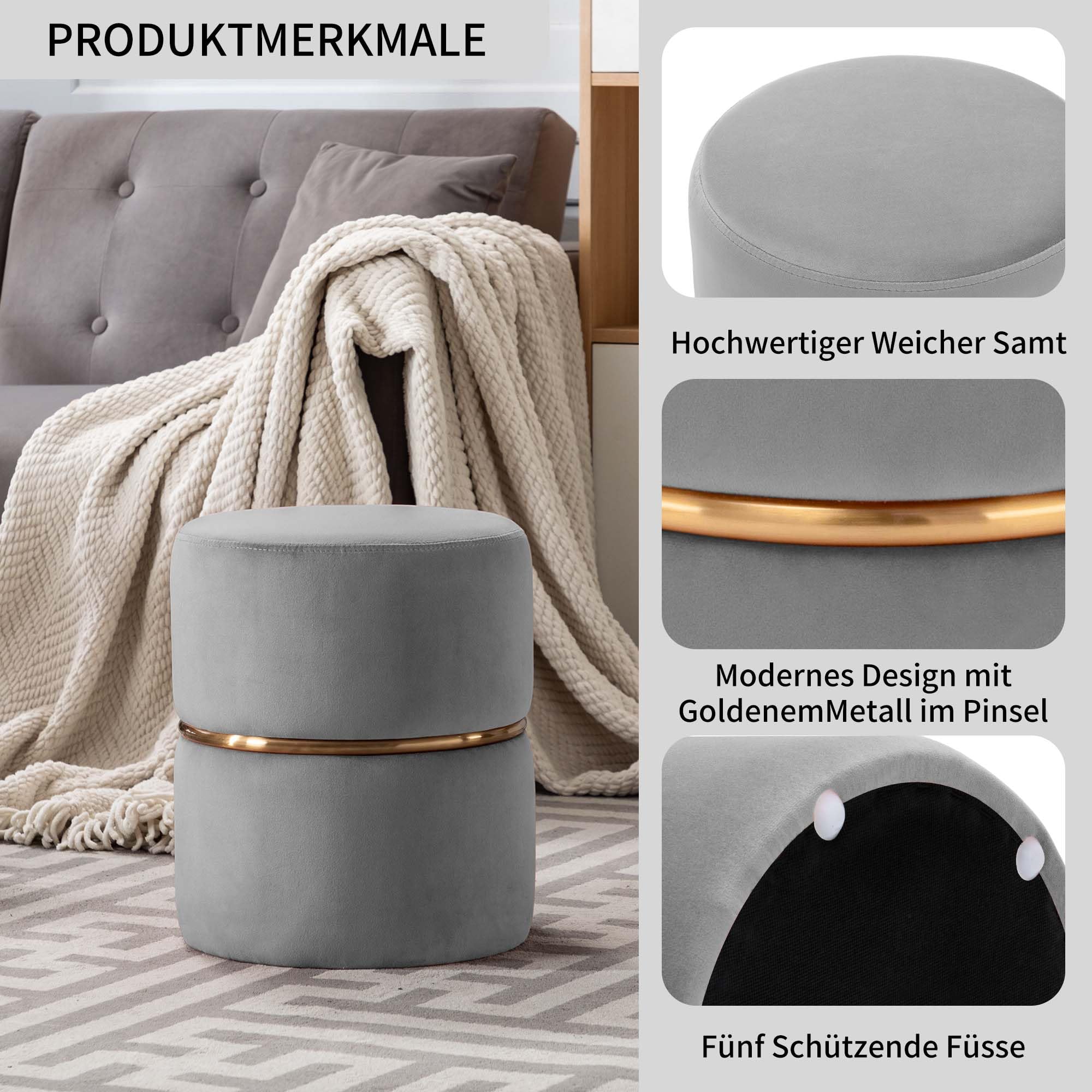 Duhome Taboret okrągły taboret tapicerowany taboret do makijażu szlachetny design 9123, kolor: szary, materiał: aksamit