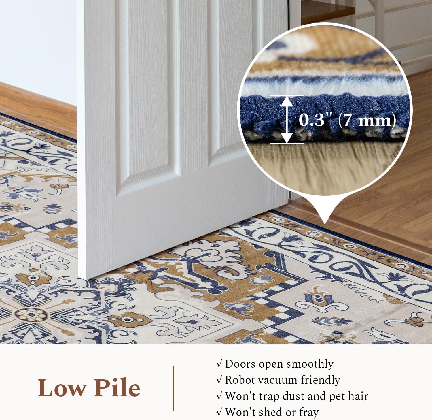 Rugflix 3x5 Area Rug for Living Room, Machine Washable Area Rugs with Non-Slip Backing, Large Soft Boho Vintage Rug for Bedroom, Dining Room, Low Pile Carpet, Kids Pet Friendly, Brown Beige