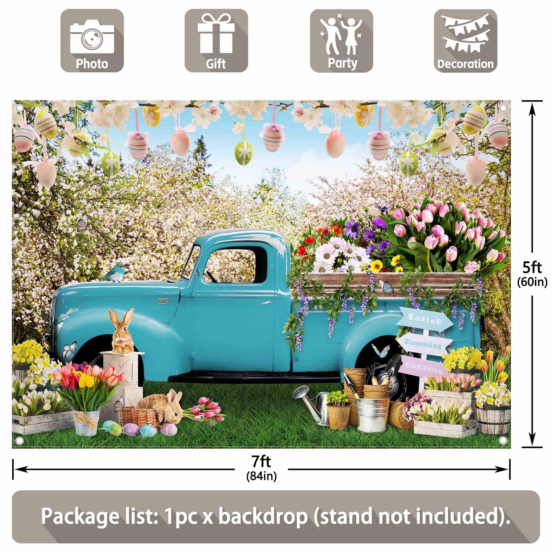 Telón de fondo de tela para fotografía de primavera y Pascua, 2,1 x 1,5 m, camión azul, huevos coloridos, flores, conejo, tulipán, bosque, fotografía, accesorios para cabina