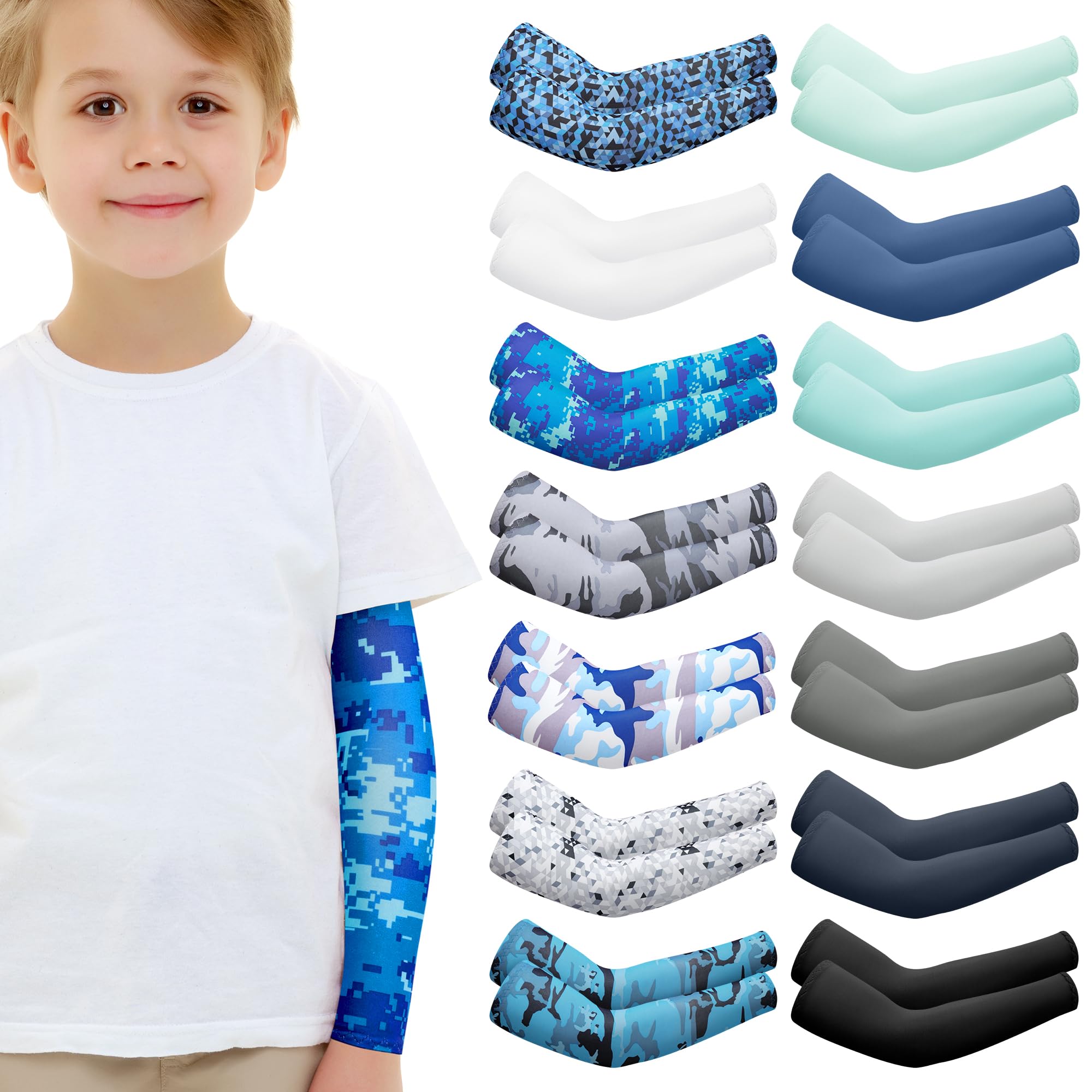 Cooraby 14 Paar Kinder-Armstulpen, Kompression, Jugendliche, Jungen, Mädchen, Baseball, Fußball, Sport, Sonnenschutz, kühlende Armabdeckung