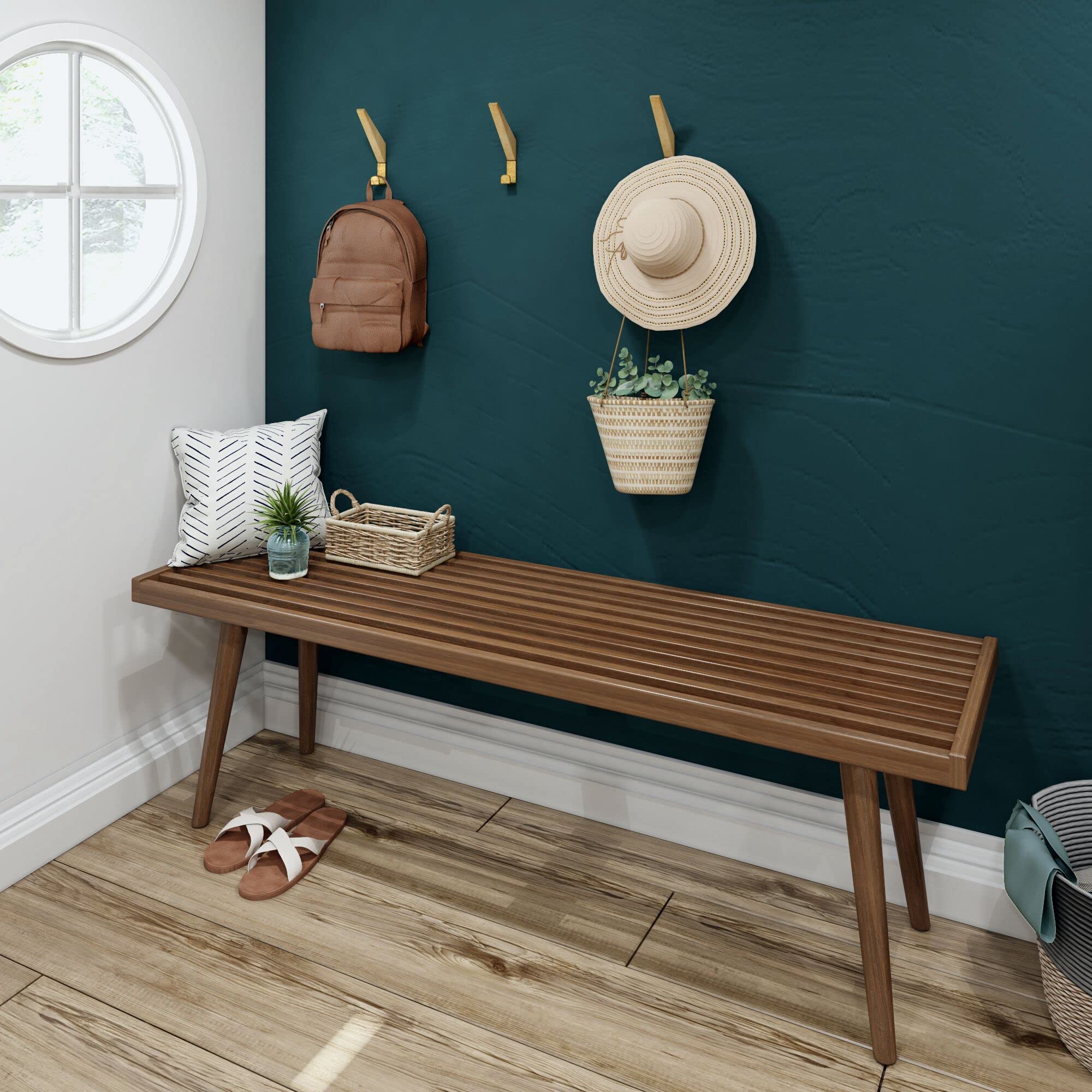 Plank+Beam Rectangular Entryway Bench, Mid-Century Modern, 56.25", Walnut | Metal-On-Metal Bolt Connections, Exceptional Craftsmanship, Beautiful Finishes, Supportive Design, Solid Wood