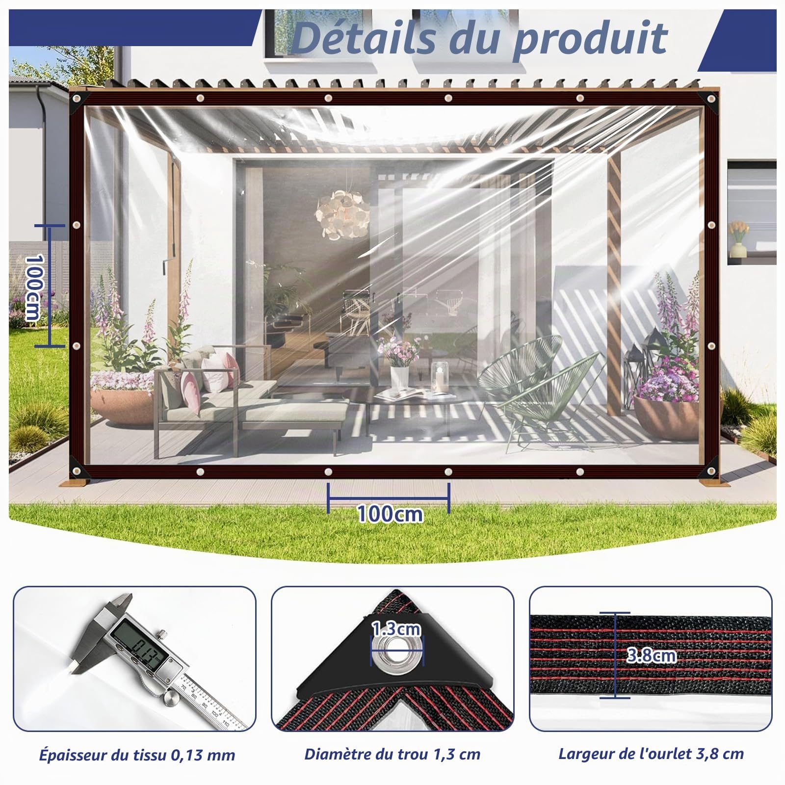 Bâche imperméable avec œillets - 3 x 4 cm - Film Plastique Transparent - Résistant aux intempéries - Protection Contre la Pluie - Isolation hivernale - pour Jardin, terrasse, Balcon