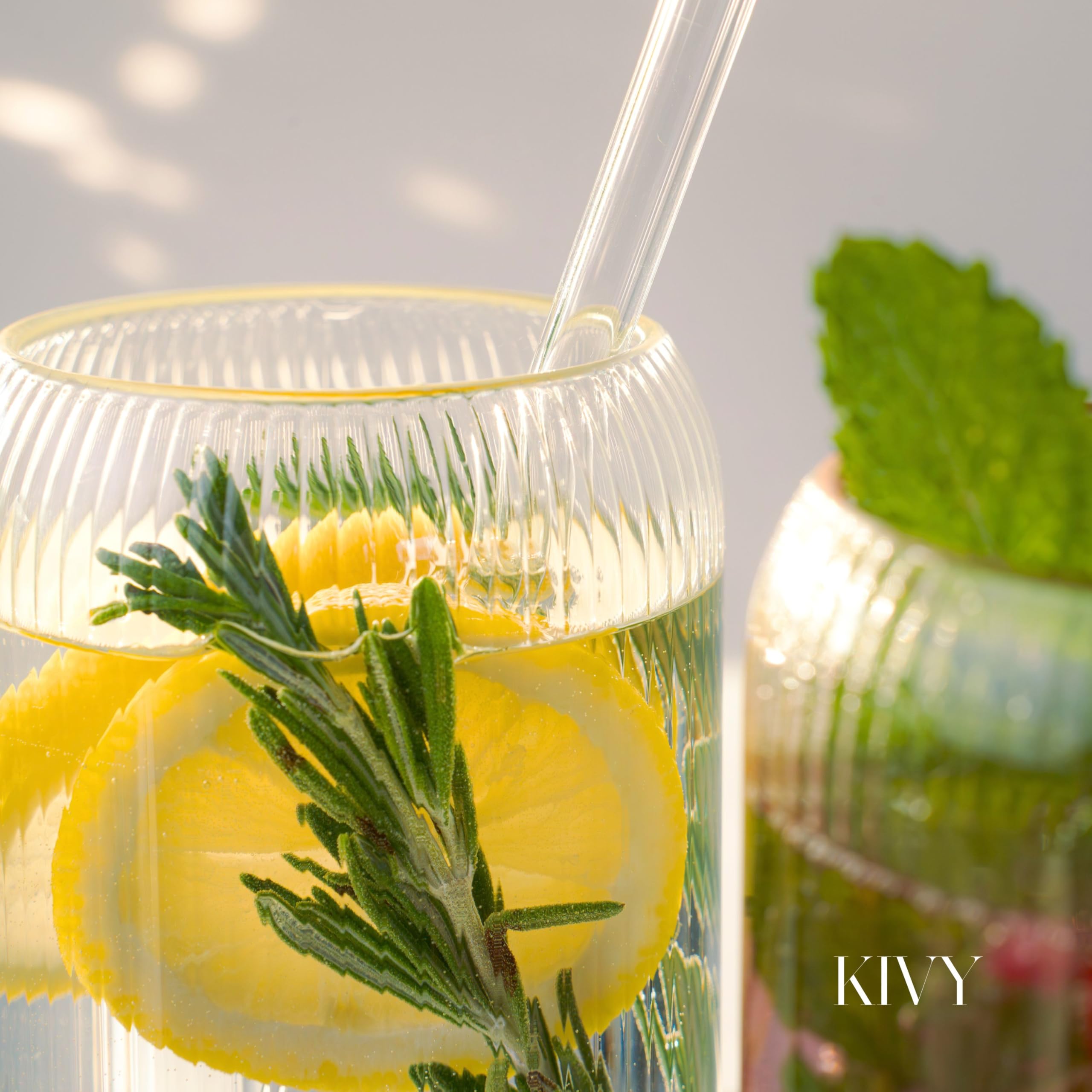 KIVY Bicchiere con Cannuccia Rigato [4x 450ml] Acqua, Caffè freddo e Matcha - Set Bicchieri Acqua Vetro - Bicchiere Vetro con Cannuccia - Bicchieri Ghiacciato - Senza BPA -Lavabile in Lavastoviglie