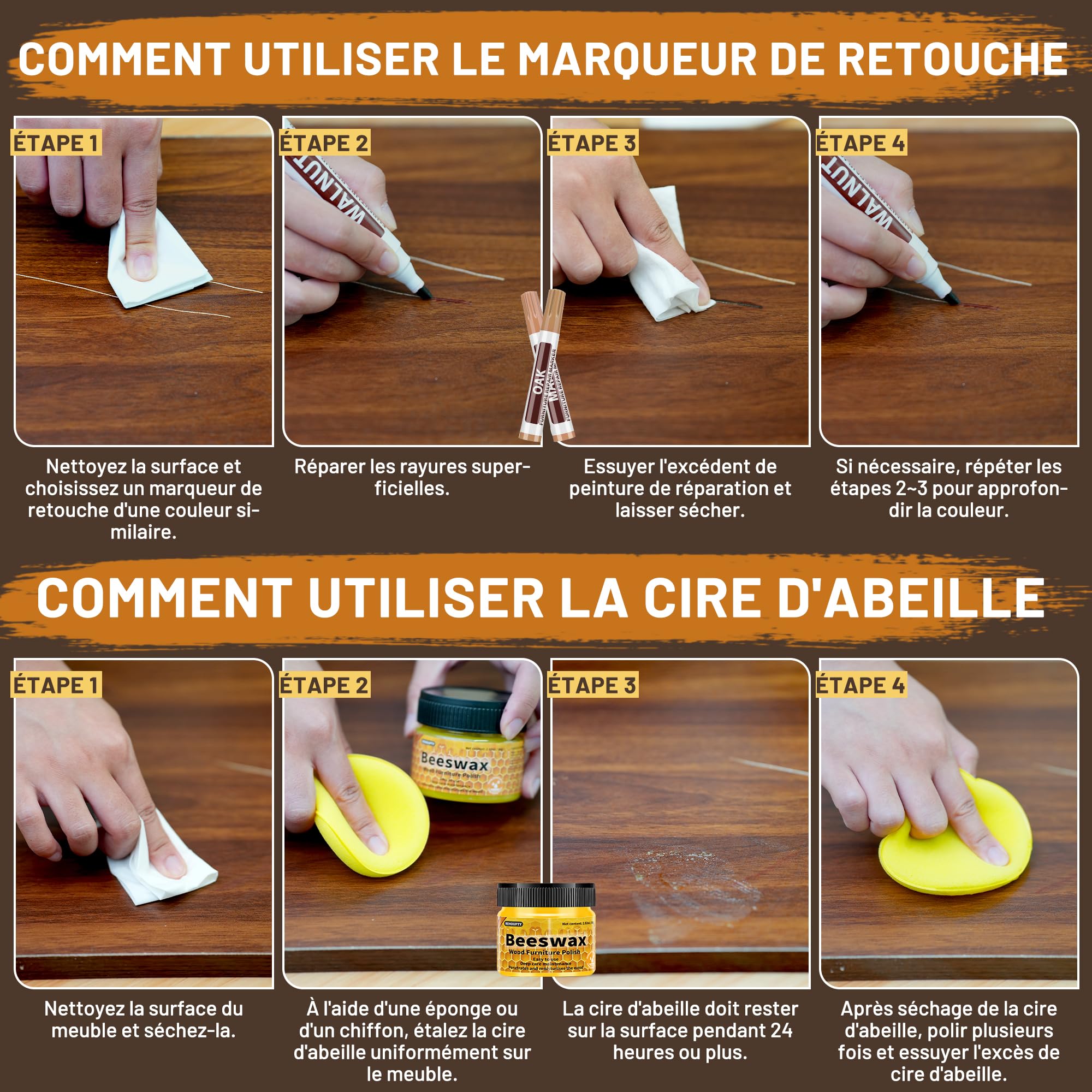 Kit Réparation Parquet Stratifié, Le Kit de Réparation de Meubles en Bois de Grande Capacité Comprend du Mastic Bois et de la Cire d'Abeille, 12 Couleurs Pâte à Bois, 8 Couleurs Feutre Retouche Bois