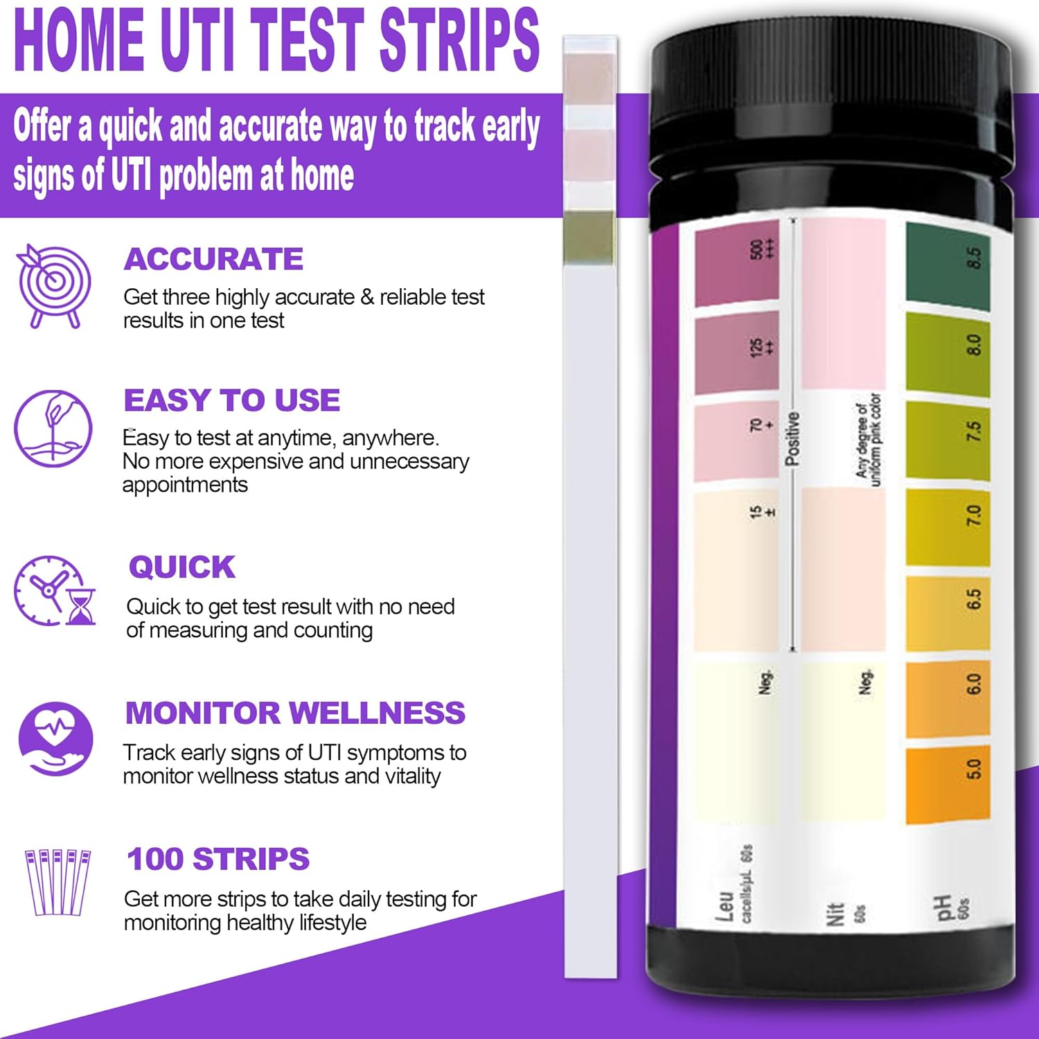 100ct Urine Test Strips for Women & Men - Easy to Use for Quick & Accurate Results, Home Test, Easy to Read Results | 100 Strips - Image 2