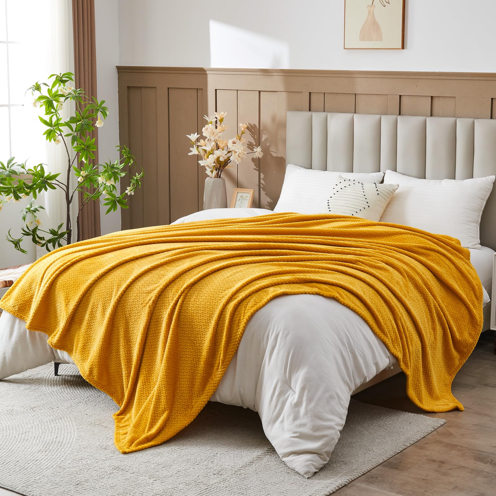 NEWCOSPLAY Super Soft Queen Blanket Mustard Yellow Premium Silky Flannel Fleece Leaves Pattern Lightweight Bed Blanket All Season Use (Mustard Yellow, Queen(90"x90")) โ image 1