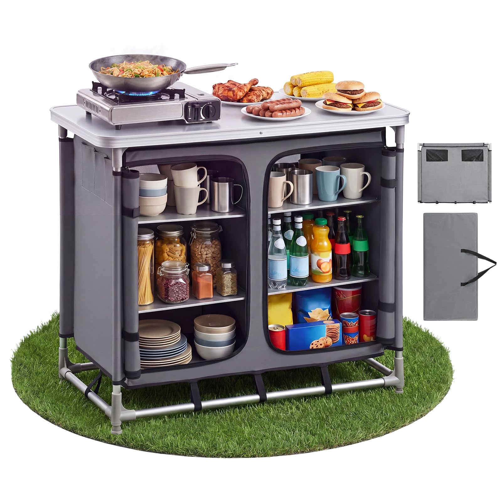VEVOR Cuisine de Camping Portable Armoire de Camping en Alu 6 Compartiments, Pour Barbecue Voyage, Meuble de Rangement avec Sac de Transport, Table de Pique Nique Plateau Charge 50 kg, Légère Compacte